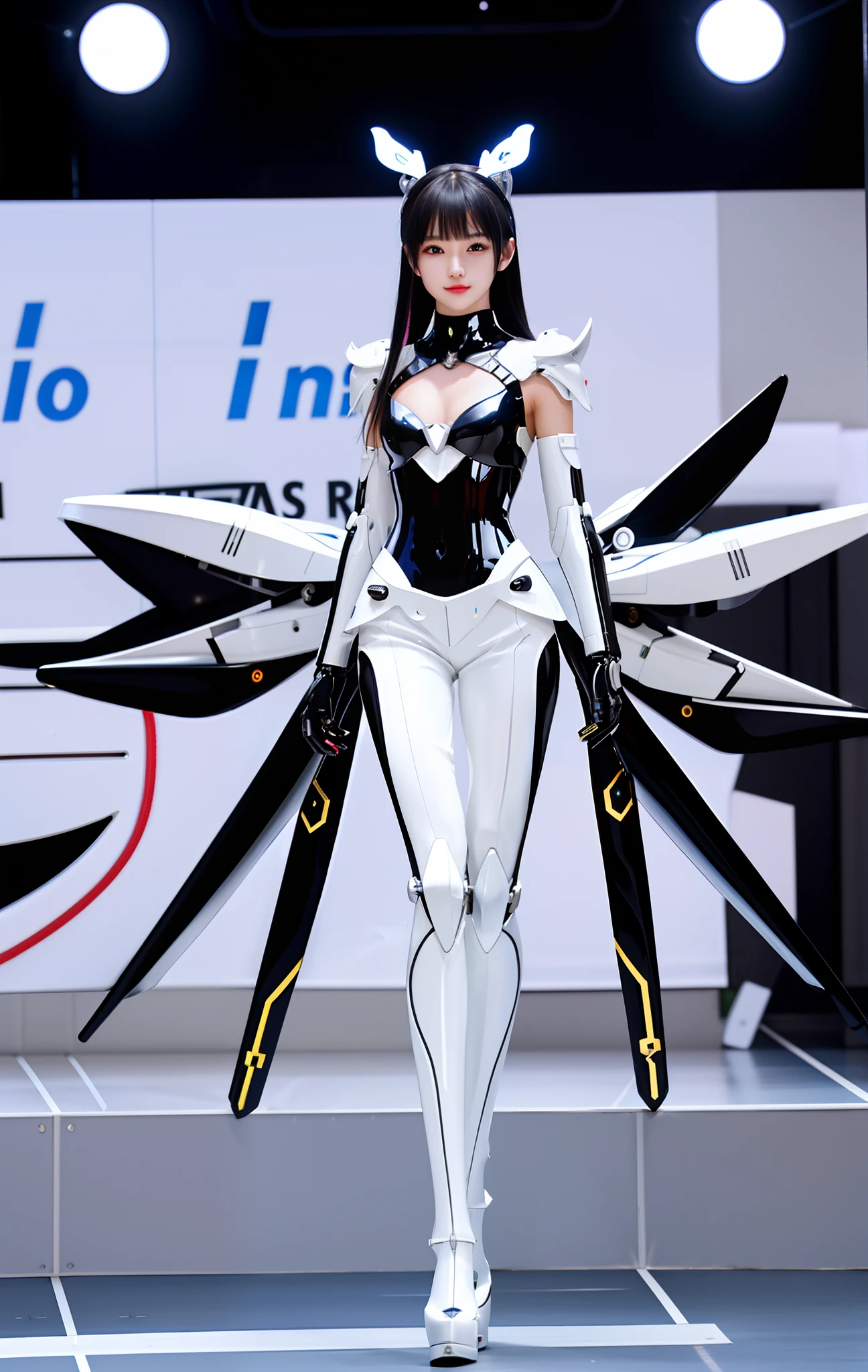 wearing a fashion-forward outfit, strutting confidently on a fashion show runway.extremely cute human eighteen year old girl face, human torso, human chest, human belly, human hips, robotic arms, robotic legs, arms and legs have hard white shiny shells and black joints, extremely pretty and feminine, short, petite, little, small, full hips, medium bust, cleavage showing, flat belly showing, partial helmet over ears with antenna, black robotic joints, very stylish, award winning product design, black rubber bodysuit, shiny white metal breastplate open at cleavage and belly, white metal faulds over hips, armor has stylish, glowing trim