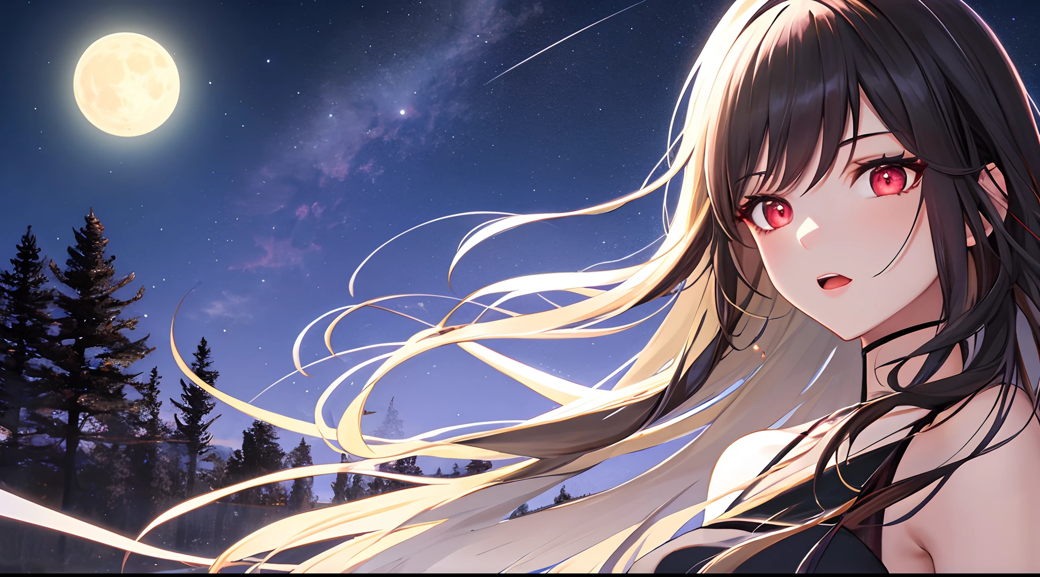 ((masterpiece, best quality, high detailed, highres, 16k, uhd)), 1girl, sharp face, upper body portrait, scary expression, floating hair, expressive hair, long hair, black hair, red highlights, red eyes, beautiful detailed eyes, expressive eyes, high detailed eyes, beautiful dress, soft dress, (amazing background, hyper detailed, full moon glowing in the night sky, rivers, trees, low ambient illumination but high and natural illumination by moon light)