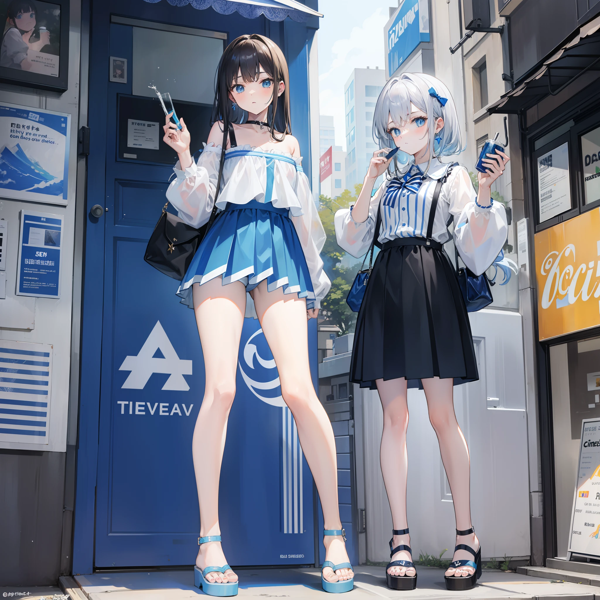 Blue and white horizontal striped half sleeves, Black shorts, White sandals, Standing with Coke in his hand waving his brunette in his hand