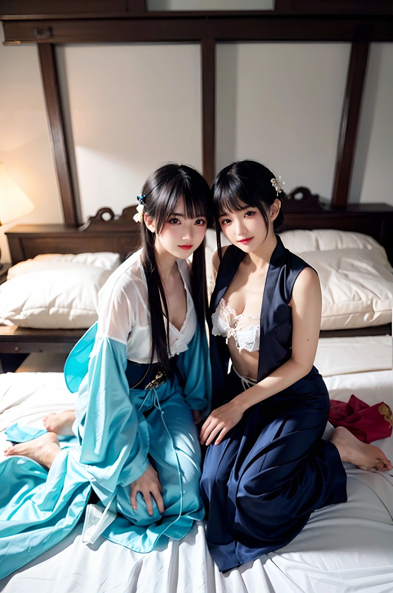 Multiple beauties touching each other, (Transparent shirt: 1.2), (Open shirt), Light clothes, Sleeveless, Two women posing for a photo on bed, Surreal full-body figure, Beautiful and detailed body and face, gorgeous figure, pony tails, Clear, Smile, Moaning, Tease, Surreal full body body, Beautiful and detailed body and face, Extra-long viewing angle, Fair skin, Bright colors, Asian, There is almost nothing in the clothes, Blurry, Chinese clothing underwear