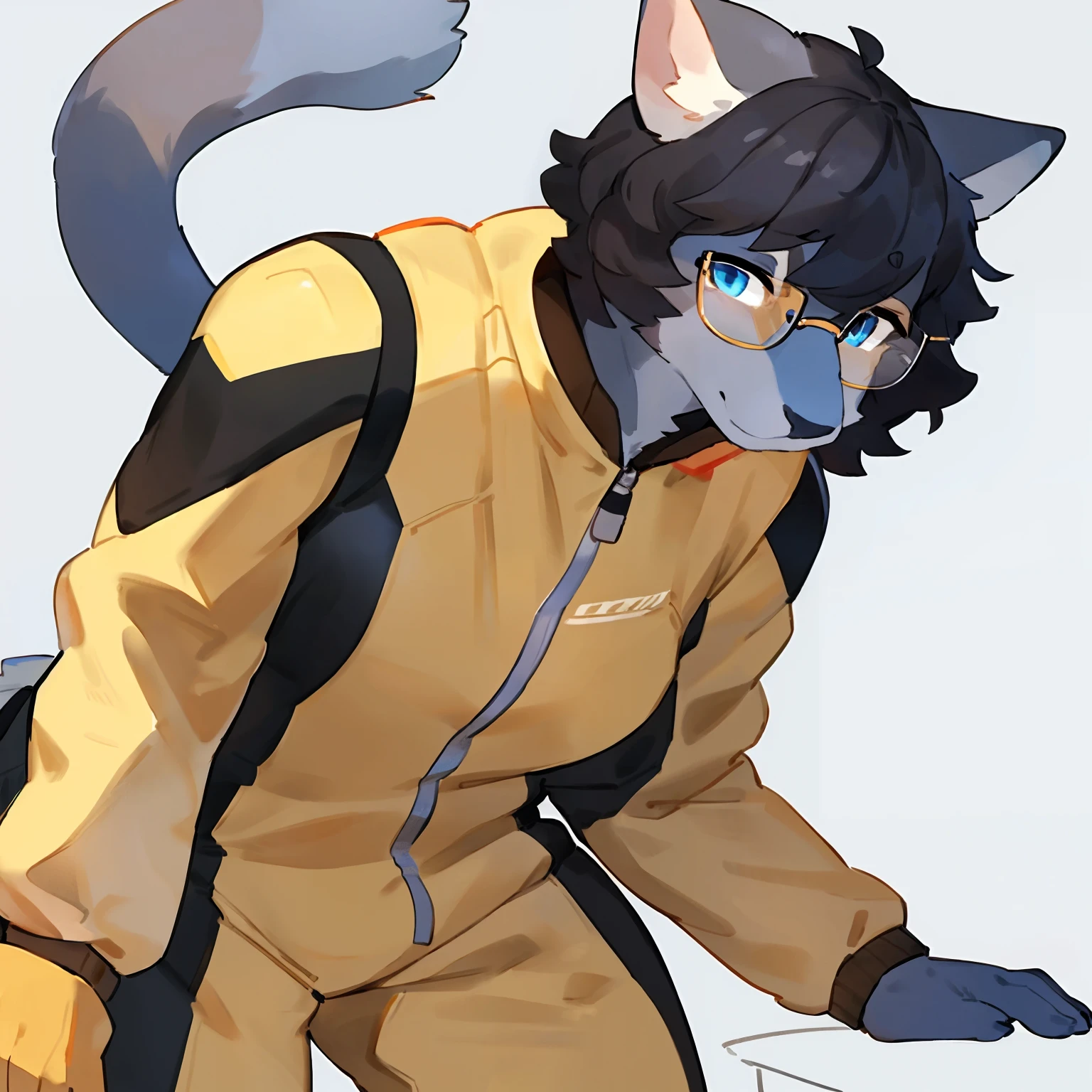 by bebebebebe, by goonie-san, by bigcozyorca, by buta99, solo, female, standing, feline, (((detailed eyes, glasses))), plump, medium hair, ((snout)), tail, smoky colored fur, grey fur, dark fur, black hair, ((wavy hair, short hair, swept fringe)), blue eyes, blue, black and yellow spacesuit