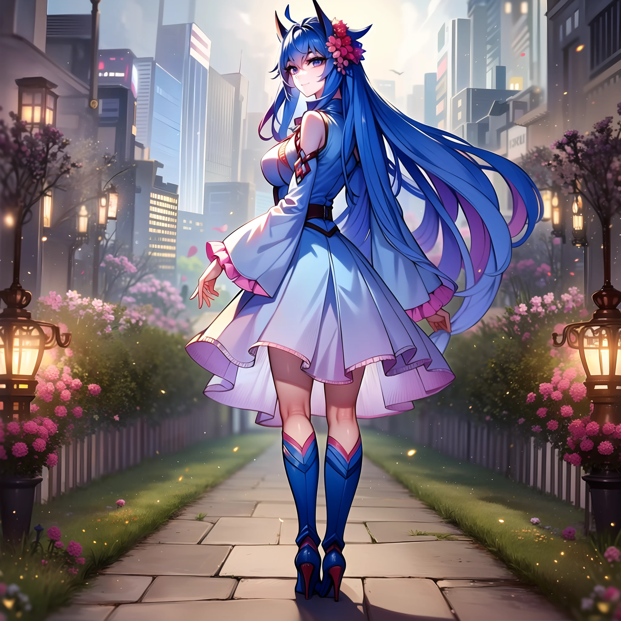 (masterpiece: 1.2), best quality, ultra high res, shiny skin, mature female, fashi-g, ultra high res, perfect anatomy, best shadow, best quality, ((1girl, solo)), hair ornament, very long hair, huge breasts, smile, looking at viewer, very long hair, long sleeves, blue eyes, blue hair, bangs, hair between eyes, short dress, high boots, flower, cloudy sky, full body, from behind
