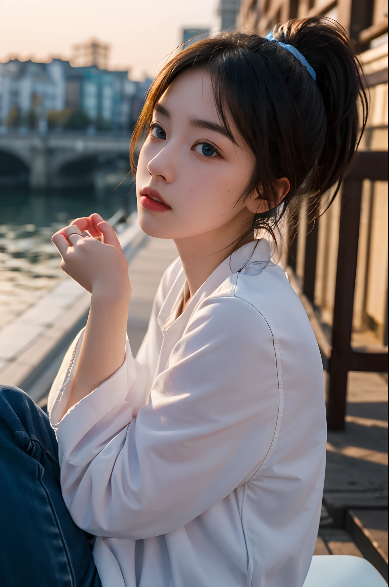 (highest quality, hight resolution, masterpiece:1.3) dusk, sunset, A girl, 19years old, short cut, ponytail, white shirt, White sneakers, denim miniskirt, realisitic, ultra-detailliert, Slimed, BREAK Sitting on the riverbank, with her cheeks in her hands, upper body, face focus, Look at viewers, A dark-haired, blue eyes, BREAK dynamic light and shadow, hight resolution, foco nítido, depth of fields, A detailed eye