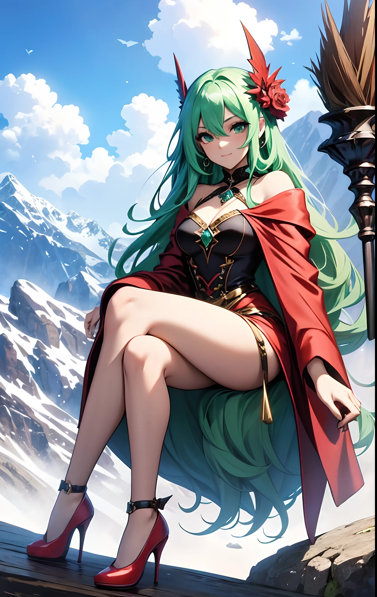 best qualityer，tmasterpiece，Ultimate resolution，downy，Extremely colorful，Colorful，Alpine background，Sky flight，Red magic robe long dress，Long flowing green hair，The Witch，a matural female，red high heel pumps，Sit on a magical broom，flight，Normal posture