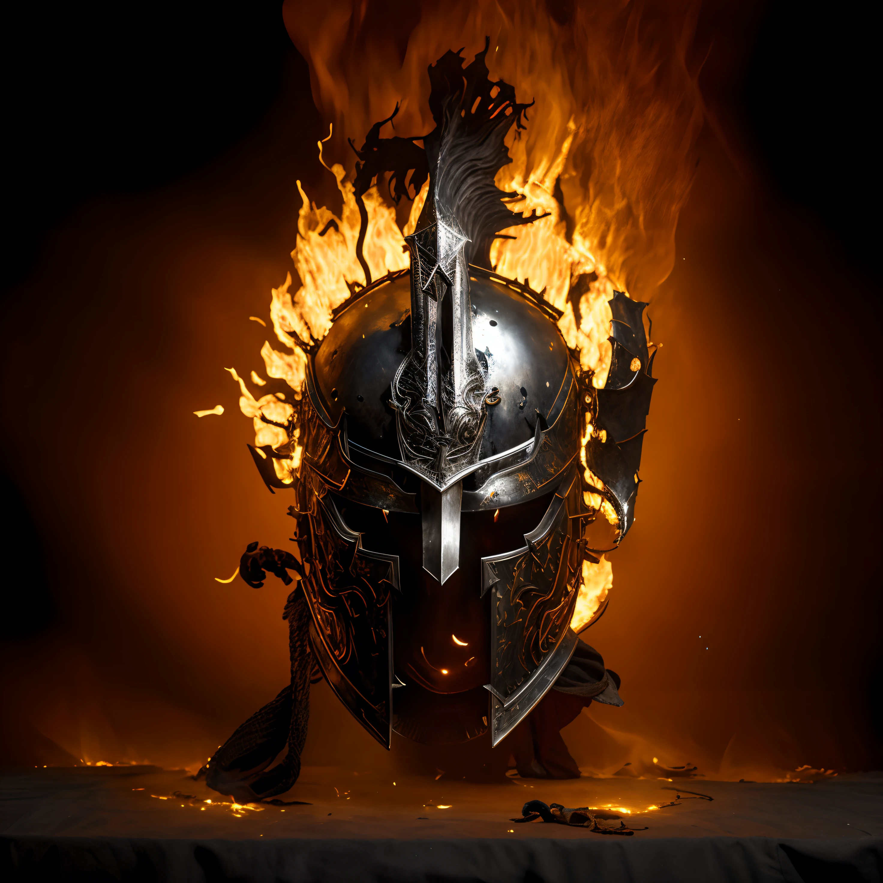 arafed helmet with flames on a table in the dark, flame conjuring armored, burnt armor, iron mask and helmet, light coming off of the armor, all face covered with a fire, iron helmet, lord of cinder, knight helmet, ares with heavy armor and sword, glowing eyes in helmet, face of an armored villian, portrait shot, dragon helmet