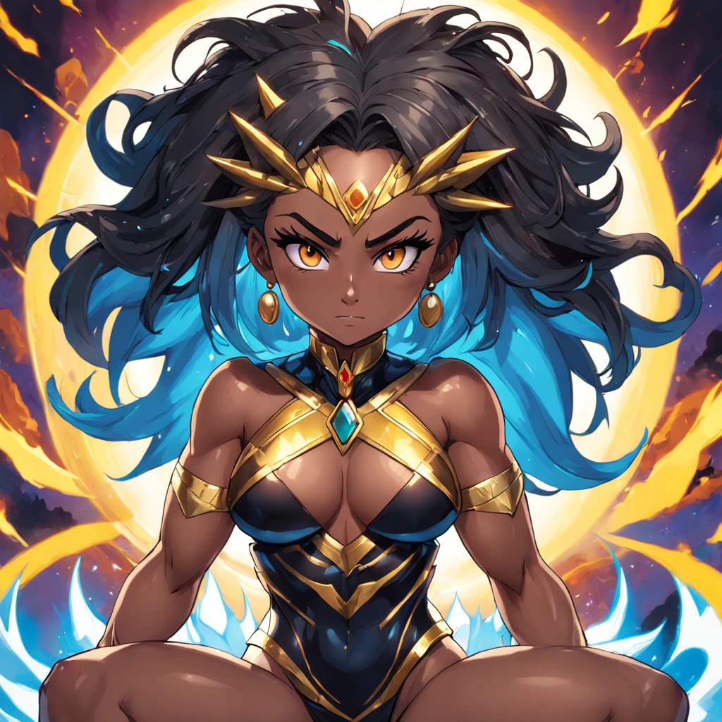 1 Black Woman, Curly Hair, African Ethnicity, Highlighted Eyes, Eduardo Kobra ,Romero Brito,The Filling Twins ,detailed eyes,vibrant colors and dynamic lines reminiscent of manga, art, his exploding power, Chibi,Yang08k, beautiful,perfect eyes, Coloring,green aura around the body, Primary works, superior quality, (her distinctive appearance and personality shining through: 1.1) , (a snapshot capturing the ethereal fascination of the black woman within the enchanting forest: 1.1)), Official Art, Beauty and Aesthetics, 512k,Juavatar,silky hair, shiny hair, slim waist, extremely beautiful, skin texture, dark skin tone, extremely defined body, athletic body. Wearing well-detailed and refined chest and shorts. She is seated on a majestic and exquisite throne with precious stones, gold and silver detailed throne, red cushioned throne. Extremely detailed image. perfect hands, perfect eyes. around body ,caulifla,(80s anime style)form. cauliflass2 Create an image of Caulifla from Dragon Ball Super in Super Saiyan 2 mode with a yellow aura radiating around her body, and lightning bolts crackling in the background. The energy emanating from her body is a result of a stable diffusion process, with the aura and lightning bolts being a manifestation of the equilibrium reached by the diffusion of energy throughout her body. The result should be a dynamic and visually striking representation of Caulifla's immense power in this , bright blue eyes, lenched fists