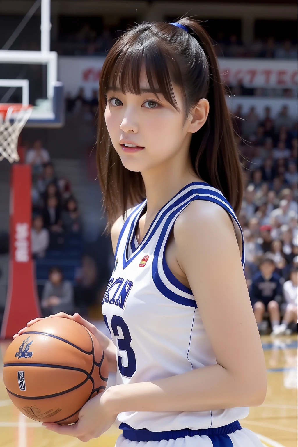 21 years old, Beautiful woman, Natural light, basketball uniform, Upper Body, Front view, basketball player , (highest quality, 8k, masterpiece), basketball court, With bangs, A shy smile, (Embarrassing), looking at the camera, light makeup, Thin eyebrows, Natural Makeup, (light makeup), Thin eyebrows, Ultra-high resolution, Glowing Skin, (Light on the cheeks), Closed lips, (Pale pink) , viewer's perspective , View here,Basketball Shooting Scene