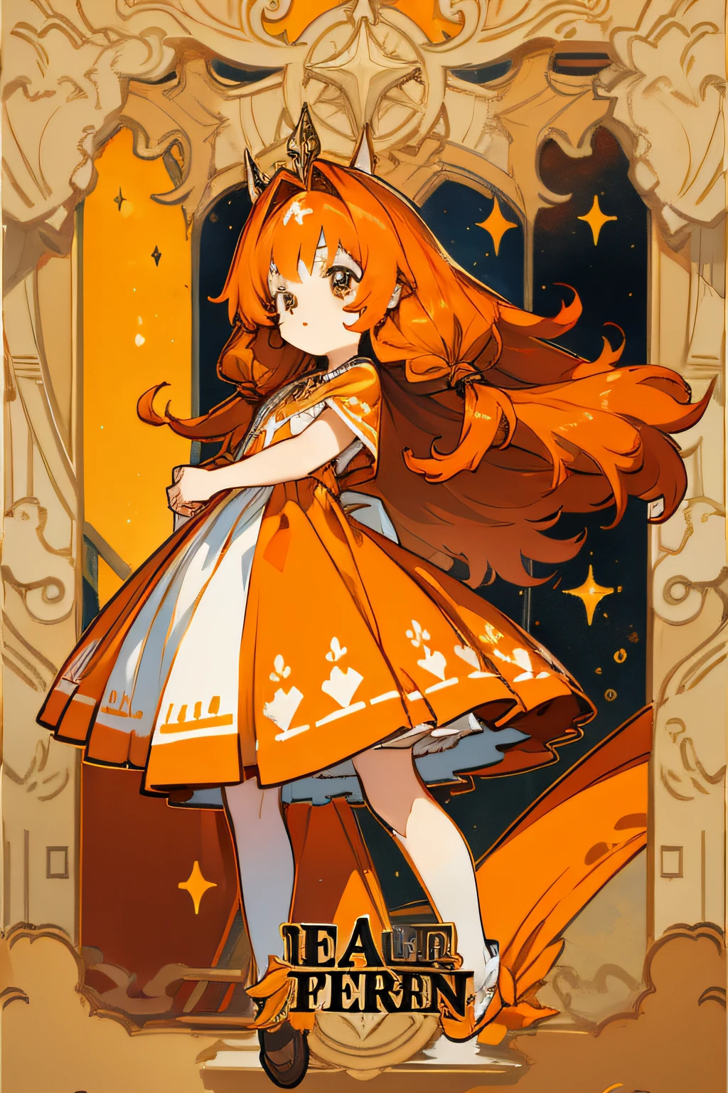 Long-haired little ,He has long brownish-orange hair,This is a six-year-old girl,Wear a magic dress