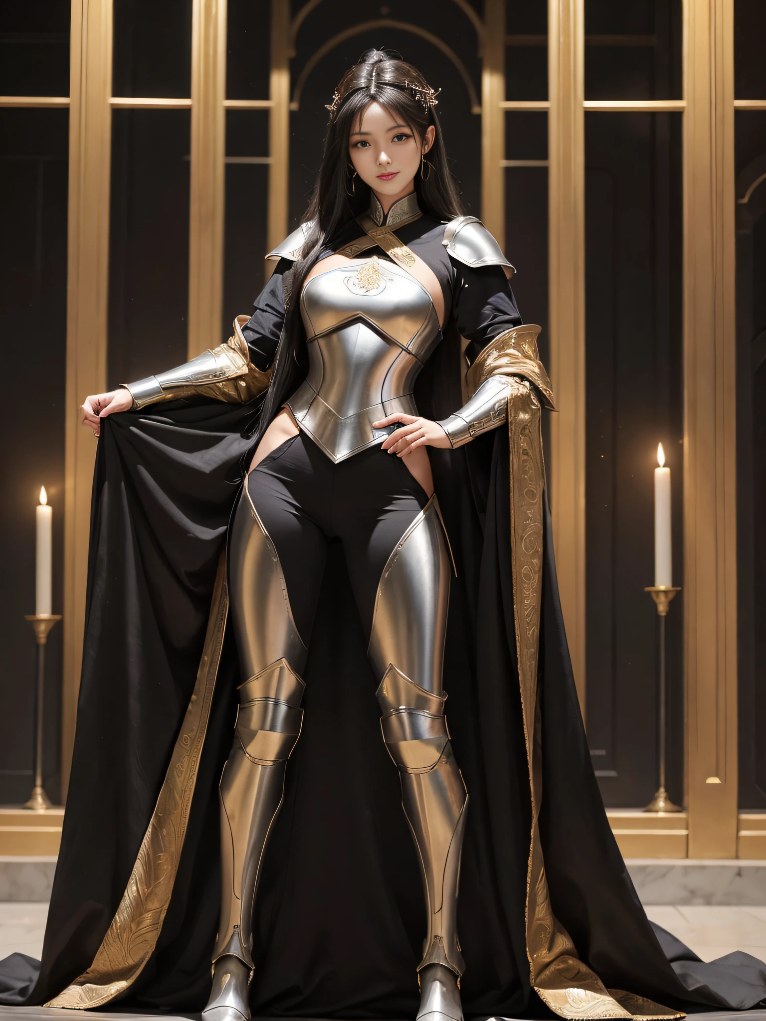 tmasterpiece,A high resolution,Absolutely beautiful,Oriental women,Eastern warriors,a mature female,Fine and detailed eyes and detailed face,Tall and tall,cruel grin,She wears armour,Full coverage of the armor,Armor pants,Armor boots,Show armor boots,Armails are richly decorated,Bright colors general, allure:(Tall:1.4),haughty,Mature temperament,(Wide buttock:1.4),(Thick thighs:1.4),Majesty,Rich scene detail,In the midst of the war,are standing,action