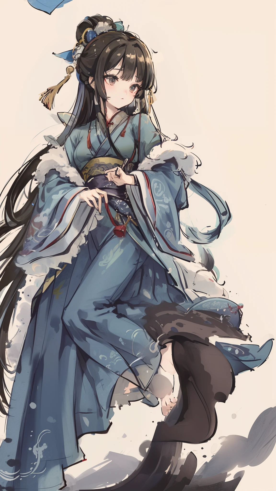 ((4k,masterpiece,best quality)), shuimobysim, Traditional chinese painting,  Hanfu, maxiskit, Dress conservatively 1girl, solo, blue long hair, Cold, Combat posture, The barefoot,Kungfu，独奏