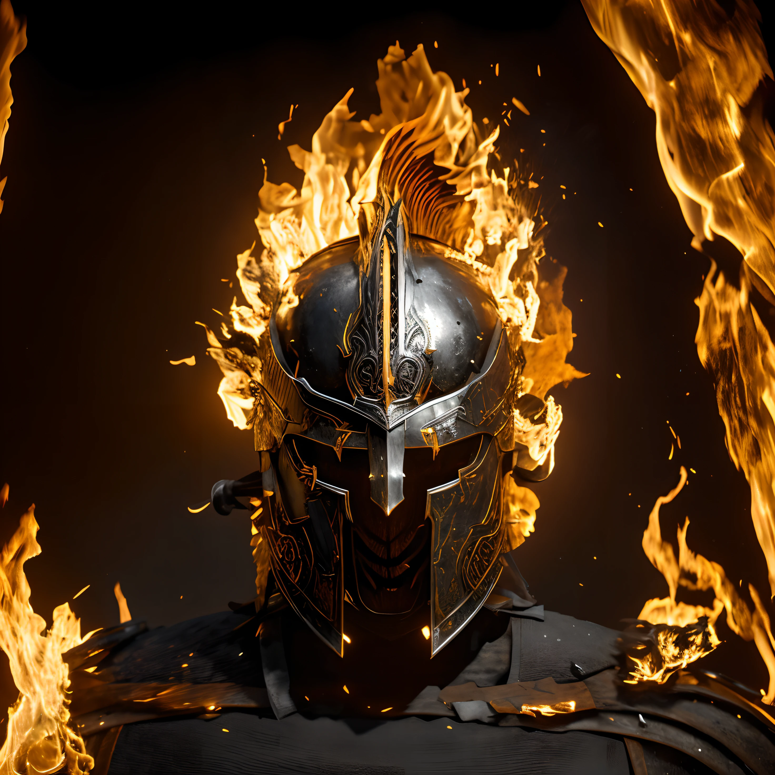 a close up of a helmet on fire with a black background, spartan warrior, spartan, spartan rage, iron helmet, dressed in spartan armour, spartan armor, detailed helmet, ares, helm, (fire), wearing ornate helmet, trojan war, by Roman Bezpalkiv, iron helm, for honor charector concept art, sepal helmet, burnt armor