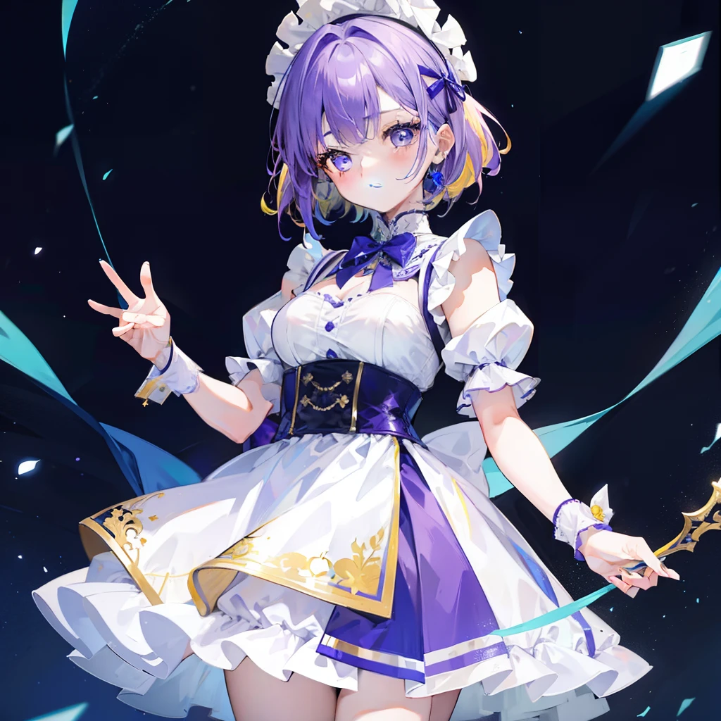 Girl with short purple and yellow hair,Wearing a powder maid outfit, Blue and white,Looks elegant, Cute and cute