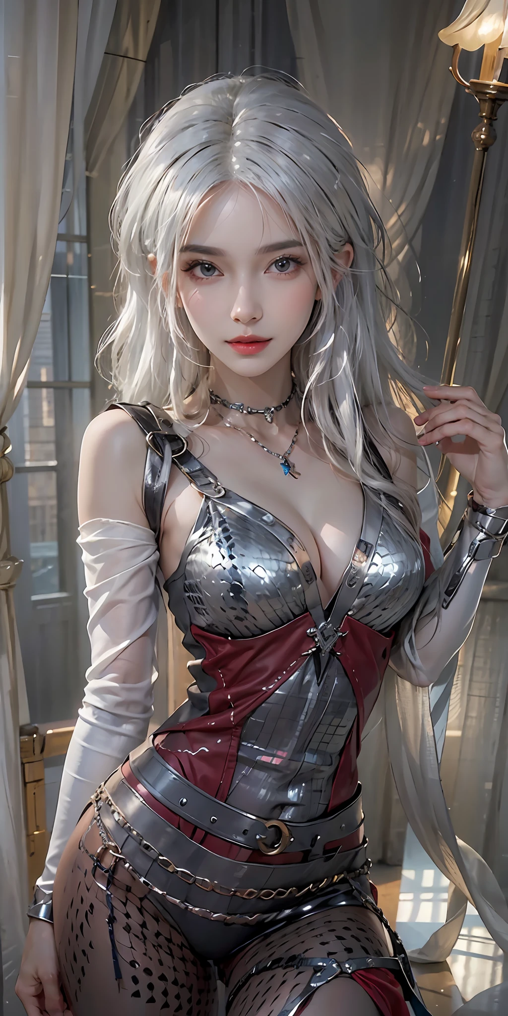 photorealistic, high resolution, soft light,1women, solo, hips up, shining skin, (detailed face),tattoo, jewelry, chainmail, night, white hair, wavy hair, Beautiful Soldier, Eyes That Invite Viewer, Lover's Perspective, Inviting Expression, Sexy Smile, Perfect Style, Perfect Balance, Detailed Skin, Naughty Gaze, Chest Visible