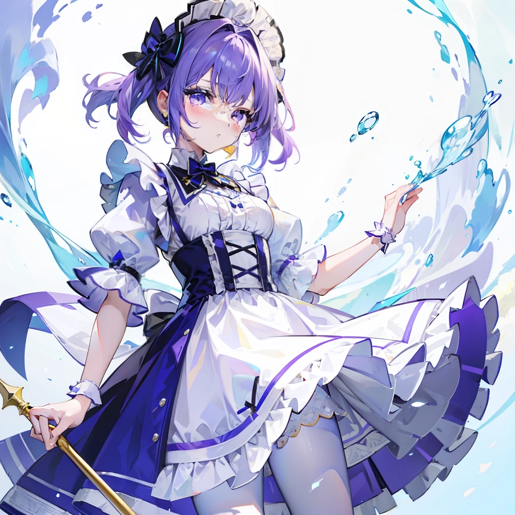 Girl with short purple and yellow hair,Wearing a powder maid outfit, Blue and white,Looks elegant, Cute and cute