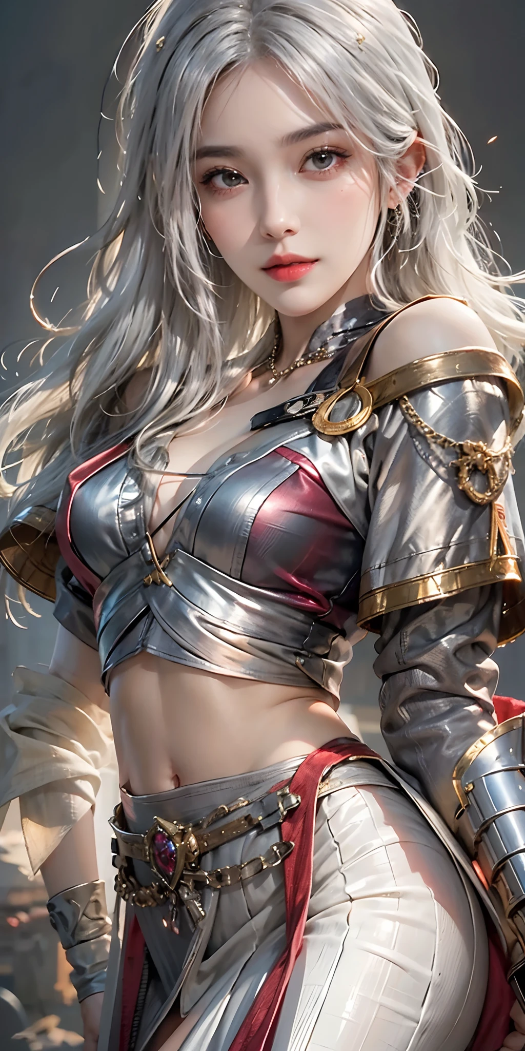 photorealistic, high resolution, soft light,1women, solo, hips up, shining skin, (detailed face),tattoo, jewelry, chainmail, night, white hair, wavy hair, Beautiful Soldier, Eyes That Invite Viewer, Lover's Perspective, Inviting Expression, Sexy Smile, Perfect Style, Perfect Balance, Detailed Skin, Naughty Gaze, Chest Visible