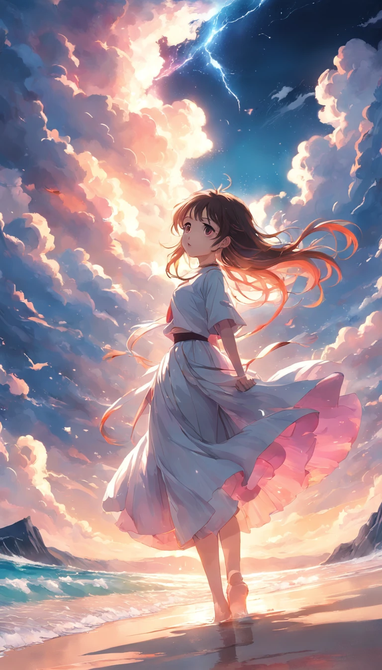 tmasterpiece,best qualtiy,cinematic Film still from,1girll,a white long skirt,Flying hair,Colorful auspicious clouds,Kizi,Floating in the sky,beachside,closeup cleavage,brightly,cheerfulness,Warm and soft lighting,the sunset,(spark of light:0.7)