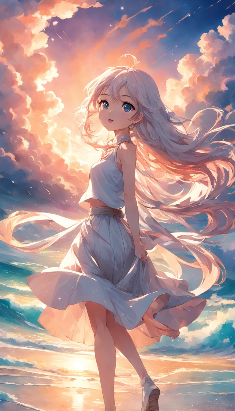 tmasterpiece,best qualtiy,cinematic Film still from,1girll,a white long skirt,Flying hair,Colorful auspicious clouds,Kizi,Floating in the sky,beachside,closeup cleavage,brightly,cheerfulness,Warm and soft lighting,the sunset,(spark of light:0.7)
