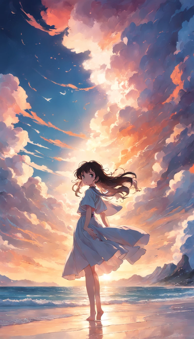 tmasterpiece,best qualtiy,cinematic Film still from,1girll,a white long skirt,Flying hair,Colorful auspicious clouds,Kizi,Floating in the sky,beachside,closeup cleavage,brightly,cheerfulness,Warm and soft lighting,the sunset,(spark of light:0.7)