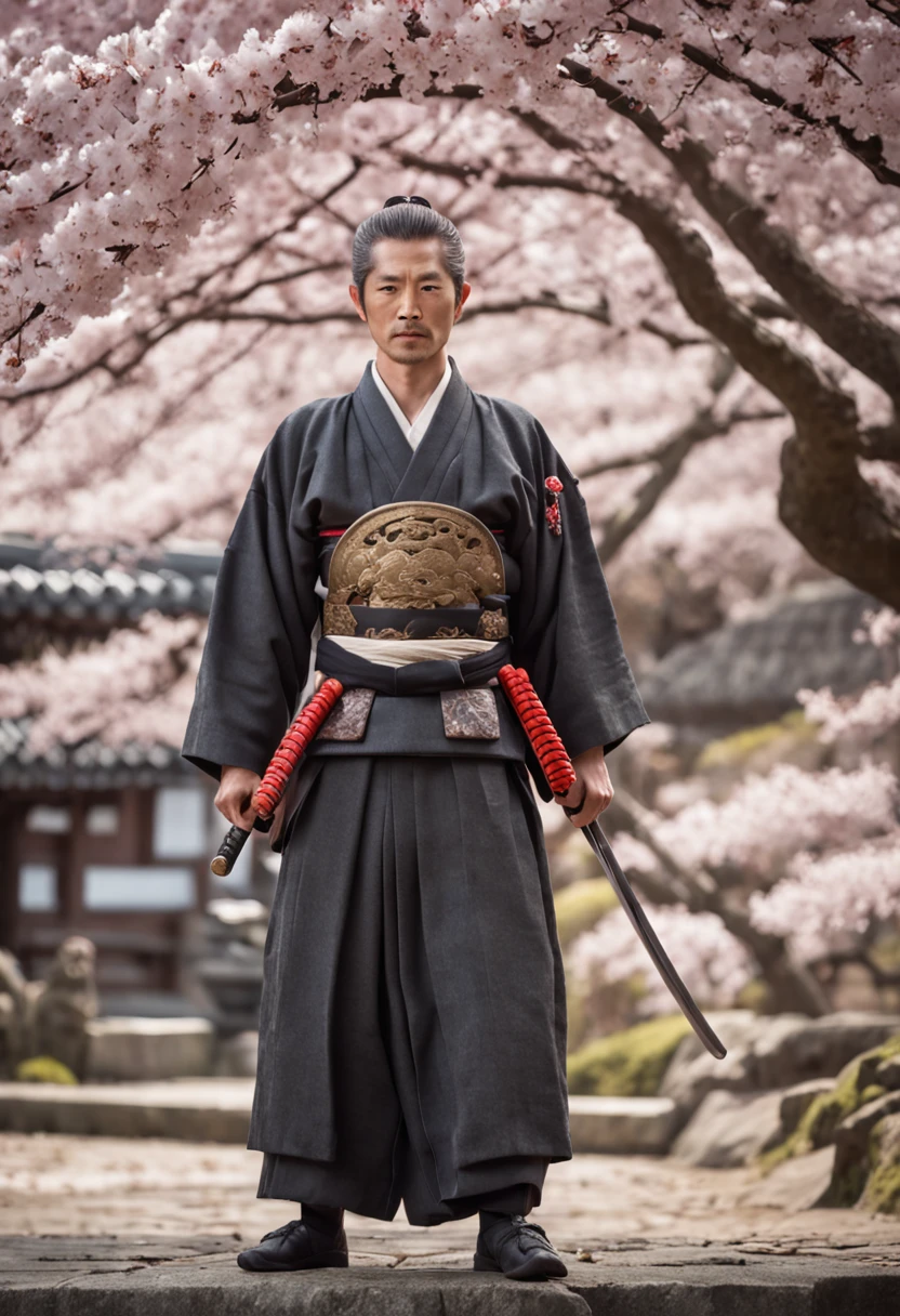 full photo，A Japanese Sengoku period sword master holding a katana stands in a handsome pose among the cherry blossoms，detailed and complex backgrounds, sparkling, reflective light, ultra high definition, award-winning, a high-resolution, high detail texture, contrast between light and dark, cinematic lighting, masterpieces, ray tracing, structurally correct, super details, high-quality, high detail, best quality, 16k