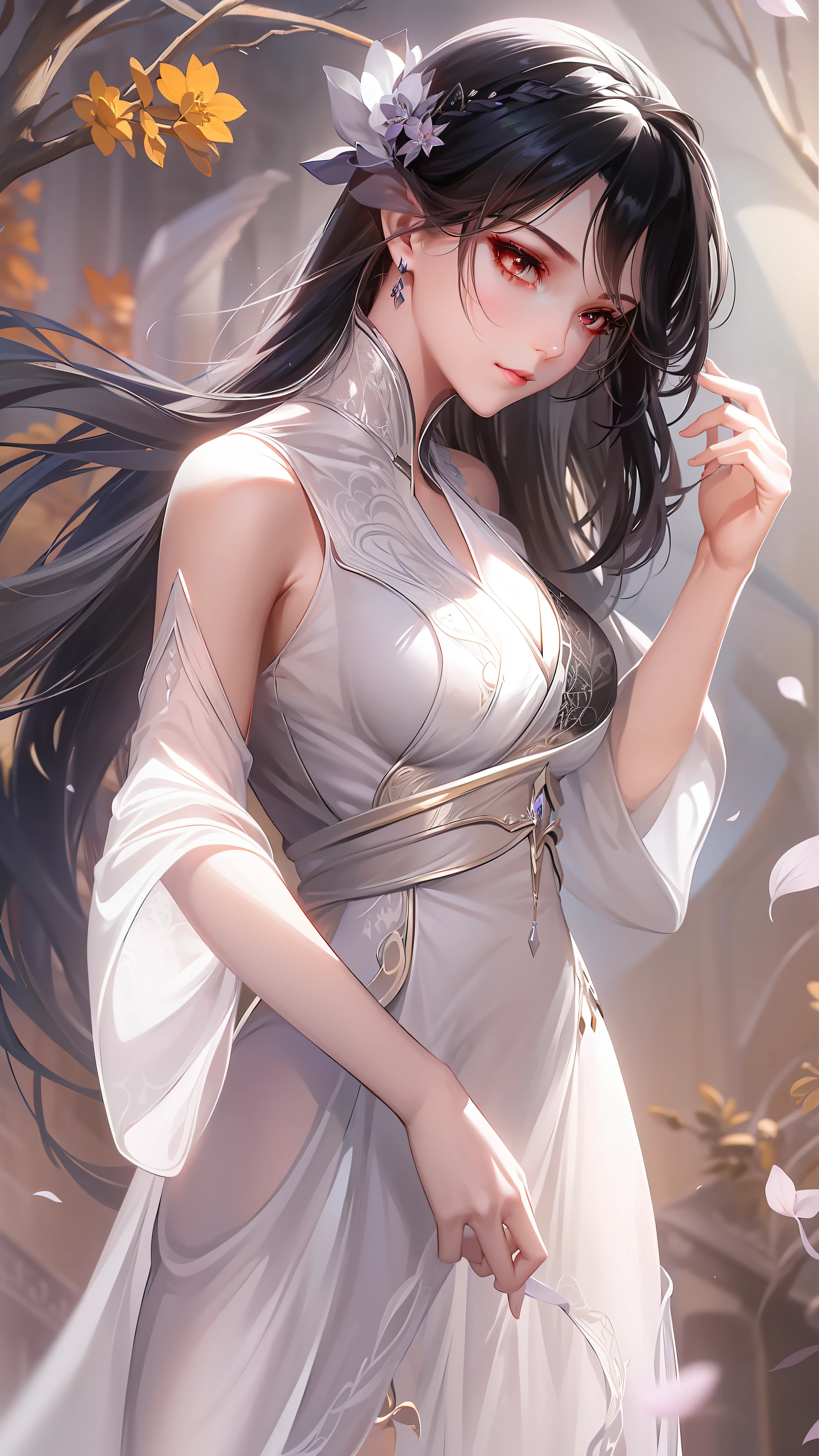 An elegant woman with straight black hair wears a gorgeous long dress with light and elegant movements. (Girl), Lace, Ribbon, Hanfu, (Masterpiece, Side Light, Delicate and Pretty), Masterpiece, Realistic, Glowing Eyes, Sparkling Hair, Shiny Skin, Celime, Bare Shoulder, Delicate, Beautiful, Garden, Flowers, Fluttering Petals, Sideways, Conservatism