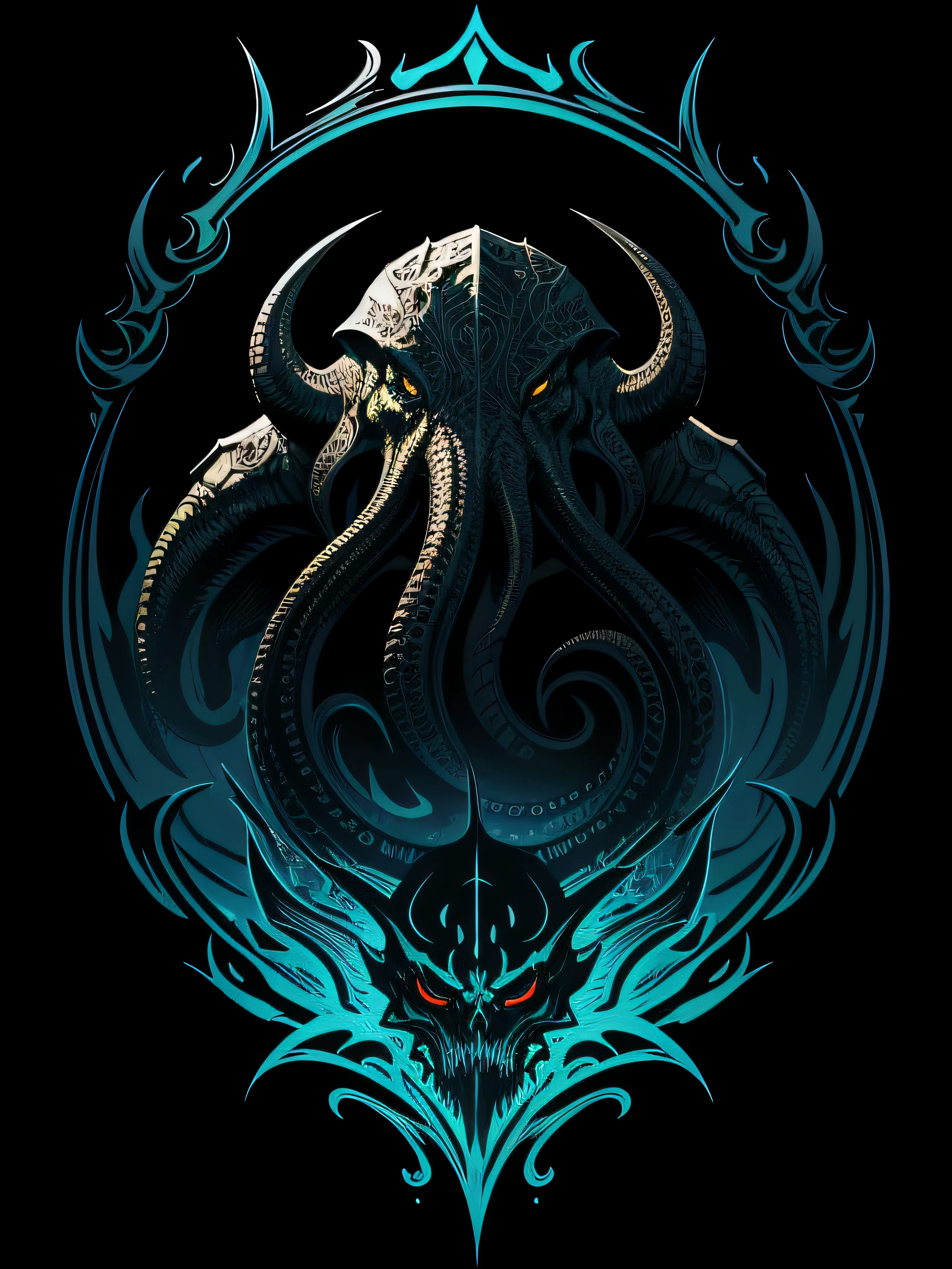 [cthulhu] Heraldic silhouette, logo masking style illustration, by dan mumford, by greg rutkowski, by james jean, black background, mysterious, fantasy art, realistic, majestic, rich vibrant colors, high contrast, seamless water brand, artstation, deviantart, dribble, redbubble, teepublic, sharp focus, simple, hyper detailed, detailed drawing, vectorize, outline, isometric style, 8k."