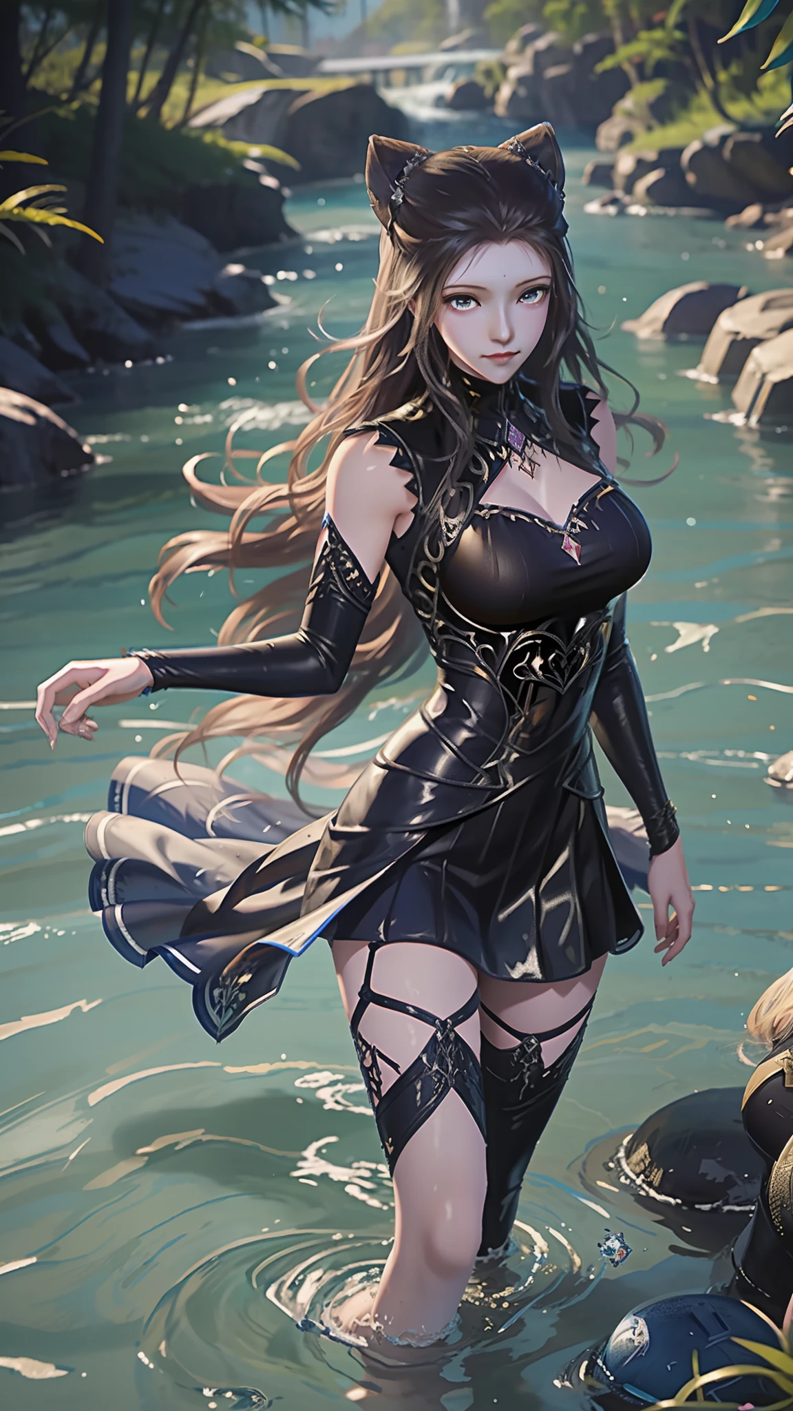 Arapei in a dress stands in the water, Anime girl walking on water, closeup fantasy with water magic, azur lane style, trending on cgstation, Anime girl cosplay, seraphine ahri kda, Splash art anime Loli, trending at cgstation, realistic water, water fairy, WLOP and Sakimichan