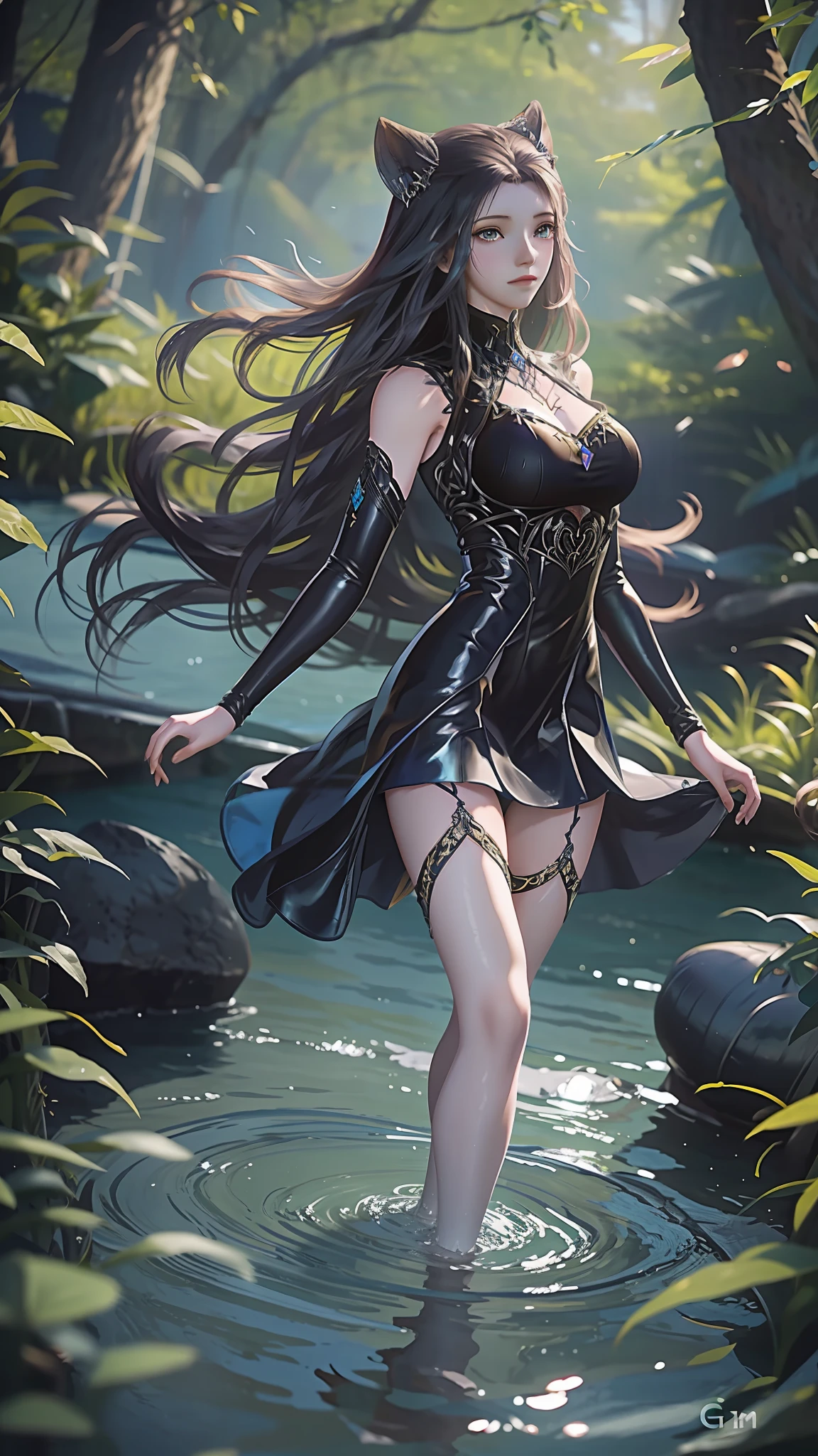 masterpiece, highest quality, High resolution, SA1, Beautiful gold lace and black ruffle dress, Glittering eyes, cyclamen-colored eyes, thighs, false eyelashes, attractive, feminine, shapely with a meek, straight hair, cyclamen hair, braid, Surrounded by many flowers,