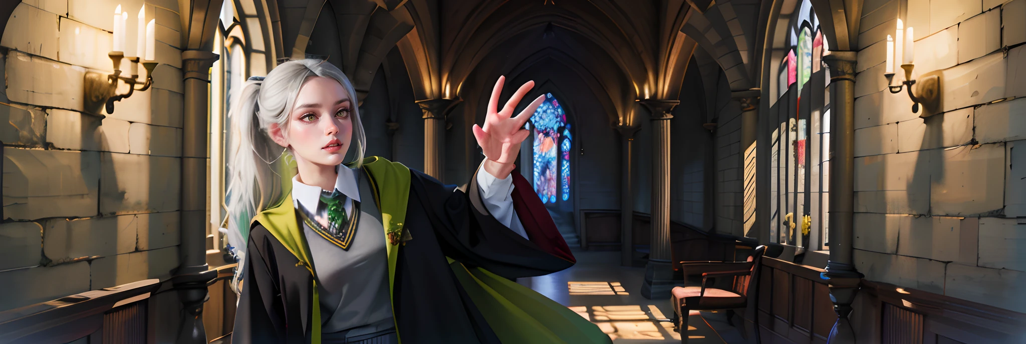 (hight resolution, Best Quality:1.2), brilliance, soft contour, a beautiful painting, Cowboy Shot, (masutepiece), 1girl in, Beautiful Girl, Hogwarts Background, Mansion background of the magical world, Shadow Window, Hogwarts Background, Black background, hogwarts school uniform, hogsks, Slytherin, Gray hair in a ponytail, Yellow eyes, Angry look, School Dress, Long skirt, Green tie, cool lady