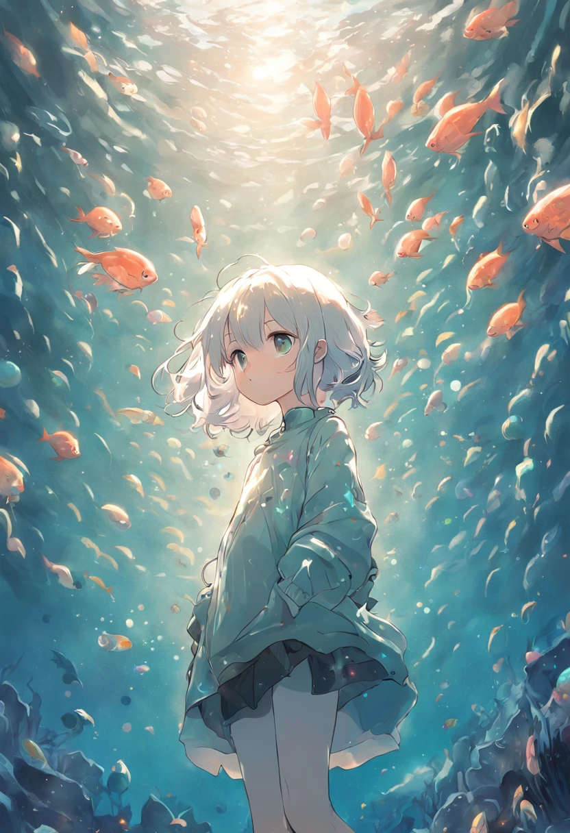 Undersea juvenile silver-haired shell house,Girl with short white hair,Colorful bubbles,a plant,Glowing small fish,Sparkling,ocean floor,