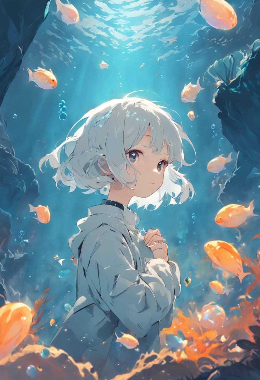 Undersea juvenile silver-haired shell house,Girl with short white hair,Colorful bubbles,a plant,Glowing small fish,Sparkling,ocean floor,
