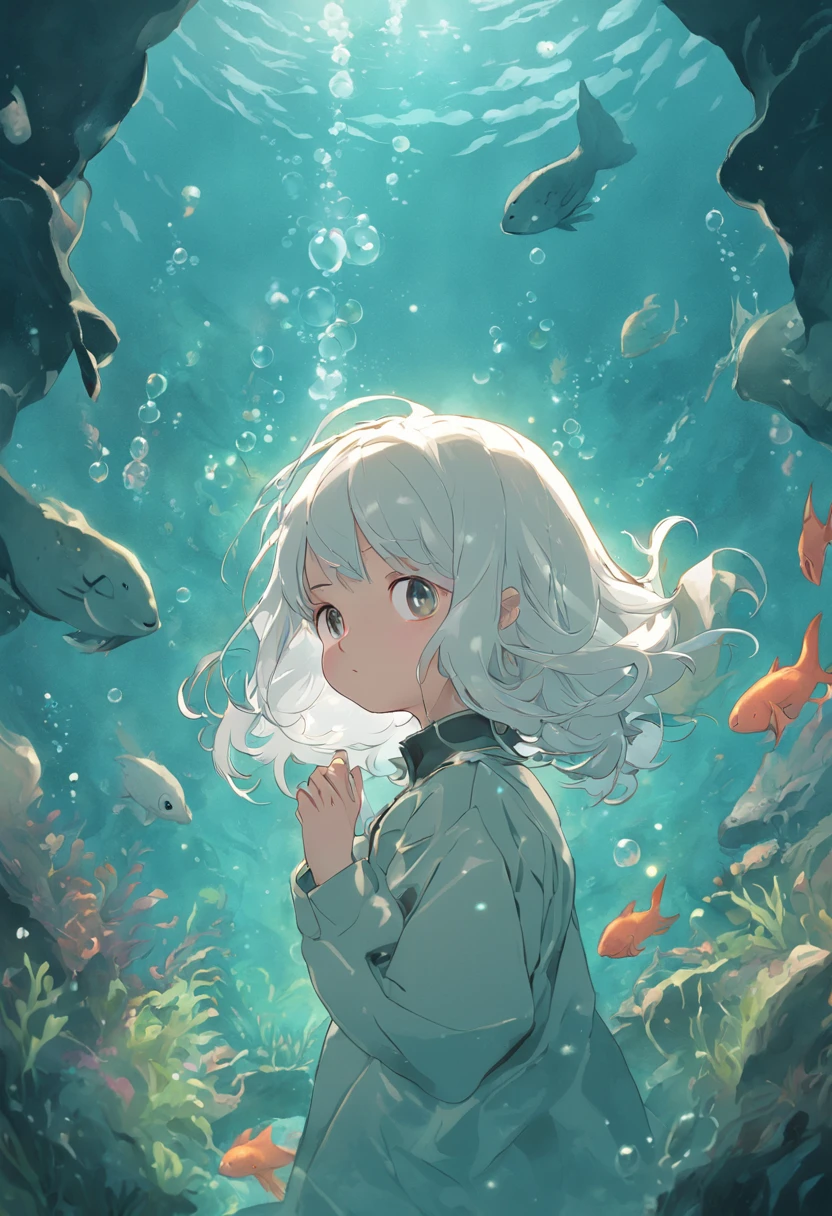 Undersea juvenile silver-haired shell house,Girl with short white hair,Colorful bubbles,a plant,Glowing small fish,Sparkling,ocean floor,