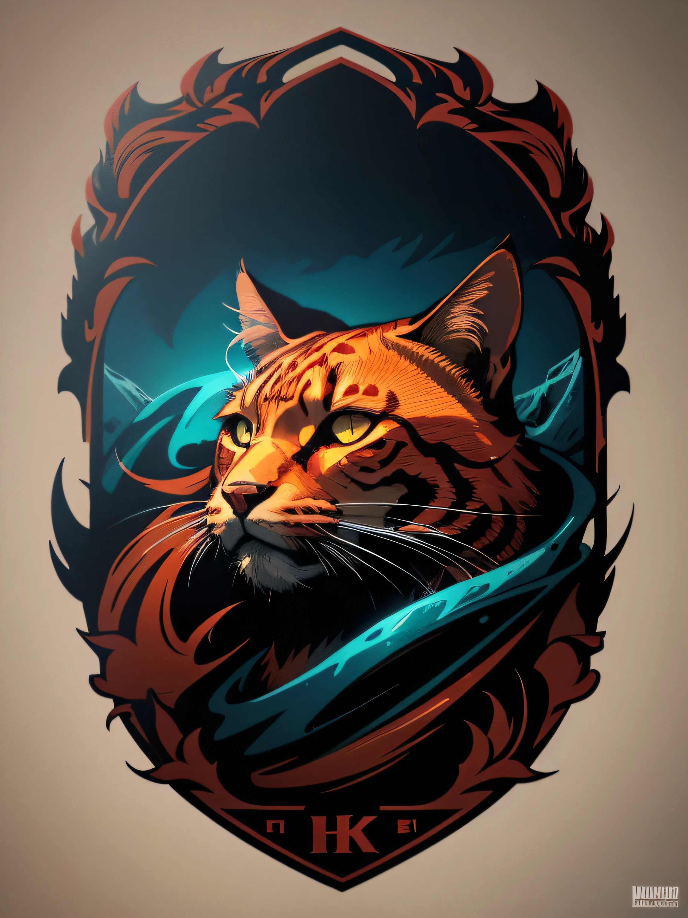 [red cat] Heraldic silhouette, logo masking style illustration, by dan mumford, by greg rutkowski, by james jean, black background, mysterious, fantasy art, realistic, majestic, rich vibrant colors, high contrast, seamless water brand, artstation, deviantart, dribble, redbubble, teepublic, sharp focus, simple, hyper detailed, detailed drawing, vectorize, outline, isometric style, 8k."