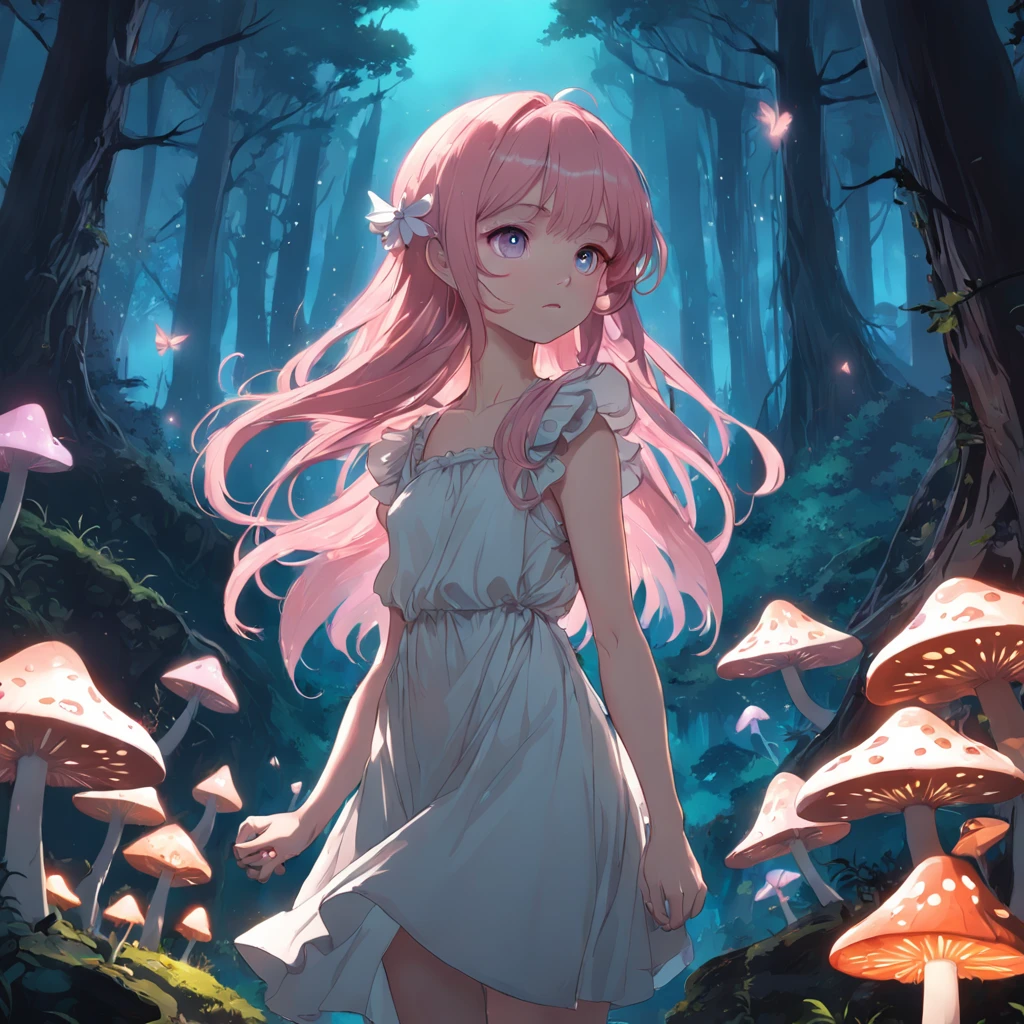 1girll,Alone,Single,Solo,only one,one character,(((Take the characters as the main perspective))),(((character in the middle))),((Masterpiece)),((Best quality)),(Ultra-detailed),(illustration),Clear margins,Alphonse Mucha, Extremely detailed Cg Unity 8K wallpaper,((An extremely delicate and beautiful)),(Dynamic Angle),An enchanting forest illuminated by glowing mushrooms at night, ((Tyndall effect)),(Fluorescent mushroom forest background), 1girll,(arms back behind),(Beautiful detailed eyes,Detailed face,Upper body,White dress,Messy floating pink hair,Disheveled hair,Focus,(Beautiful water),River,flying butterfly,Sunlight,Shine,Chiaroscuro, Ray_tracing,(Painting),[[[[[[8 k artistic photography]]]]]]
