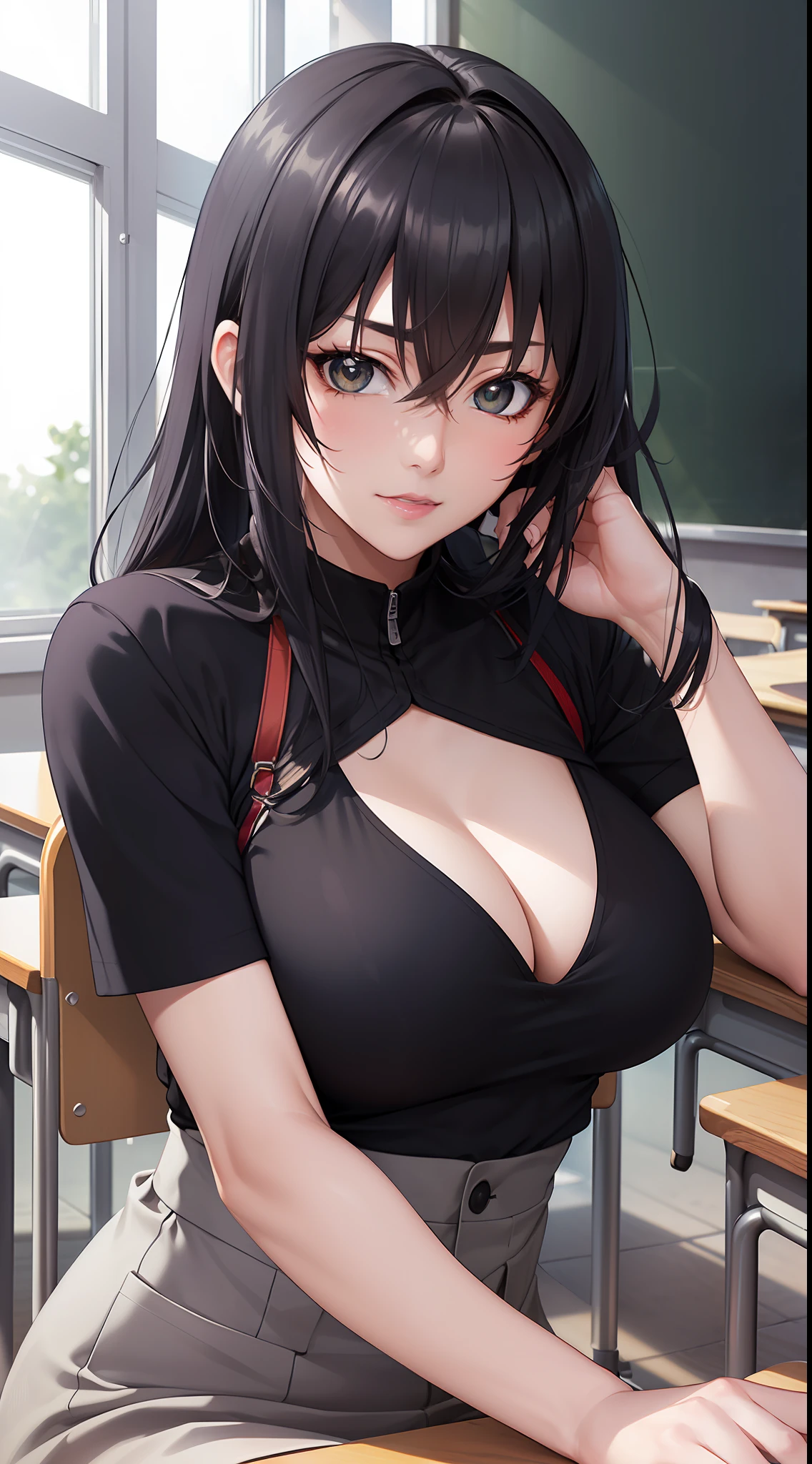 professional artwork, Intricate Details, field of view, sharp focus, detailed painting, photorealistic lighting, trending on pixiv,(masterpiece:1.0),(best_quality:1.0), ultra high res, ultra-detailed, photography, 8K, HDR, highres, absurdres:1.2, Kodak portra 400, film grain, sharp focus, bokeh:1.2, lens flare, (vibrant_color:1.2), (((indoors, classroom, classroom details, sitting on chair, perfect anatomy sitting, leaning to table))),
female mature, black hair, long hair, yellow eyes, large breasts, japanese student, student outfit, formal, hair intakes, 35yo,mature female,Beautiful Finger,Beautiful long legs,Beautiful body,Beautiful Nose,Beautiful character design, perfect eyes, perfect face, looking at viewer, official art,extremely detailed CG unity 8k wallpaper, (Beautiful,large_Breasts:1.4), (beautiful_face:1.5),(narrow_waist), (solo:1.4), (upper body, half body shot),