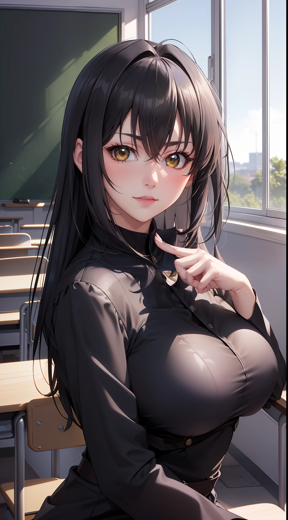professional artwork, Intricate Details, field of view, sharp focus, detailed painting, photorealistic lighting, trending on pixiv,(masterpiece:1.0),(best_quality:1.0), ultra high res, ultra-detailed, photography, 8K, HDR, highres, absurdres:1.2, Kodak portra 400, film grain, sharp focus, bokeh:1.2, lens flare, (vibrant_color:1.2), (((indoors, classroom, classroom details, sitting on chair, perfect anatomy sitting, leaning to table))),
female mature, black hair, long hair, yellow eyes, large breasts, japanese student, student outfit, formal, hair intakes, 35yo,mature female,Beautiful Finger,Beautiful long legs,Beautiful body,Beautiful Nose,Beautiful character design, perfect eyes, perfect face, looking at viewer, official art,extremely detailed CG unity 8k wallpaper, (Beautiful,large_Breasts:1.4), (beautiful_face:1.5),(narrow_waist), (solo:1.4), (upper body, half body shot),