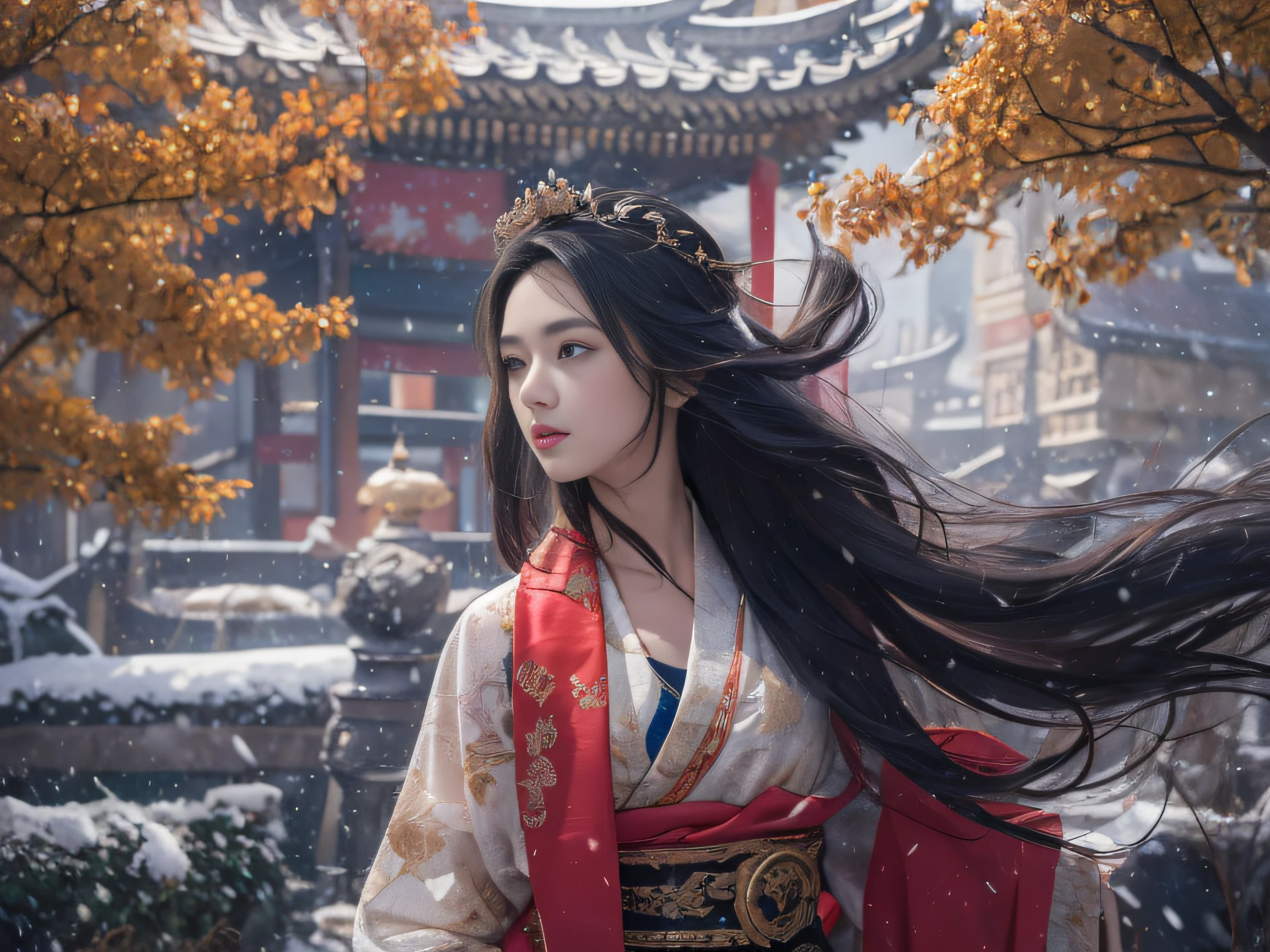 32K（tmasterpiece，k hd，hyper HD，32K）Long flowing black hair，Rockery，zydink， a color，  Xuzhou people （Seduce girls）， （Red scarf in the snow）， jumping posture，  long whitr hair， Floating hair， Carp pattern headdress， Chinese long-sleeved silver battle robe， （Abstract gouache splash：1.2）， Pink petal background，Tulips flying（realisticlying：1.4），Black color hair，Fallen leaves flutter，The background is pure， A high resolution， the detail， RAW photogr， Sharp Re， Nikon D850 Film Stock Photo by Jefferies Lee 4 Kodak Portra 400 Camera F1.6 shots, Rich colors, ultra-realistic vivid textures, Dramatic lighting, Unreal Engine Art Station Trend, cinestir 800，Long flowing black hair，Transparent robe clothing