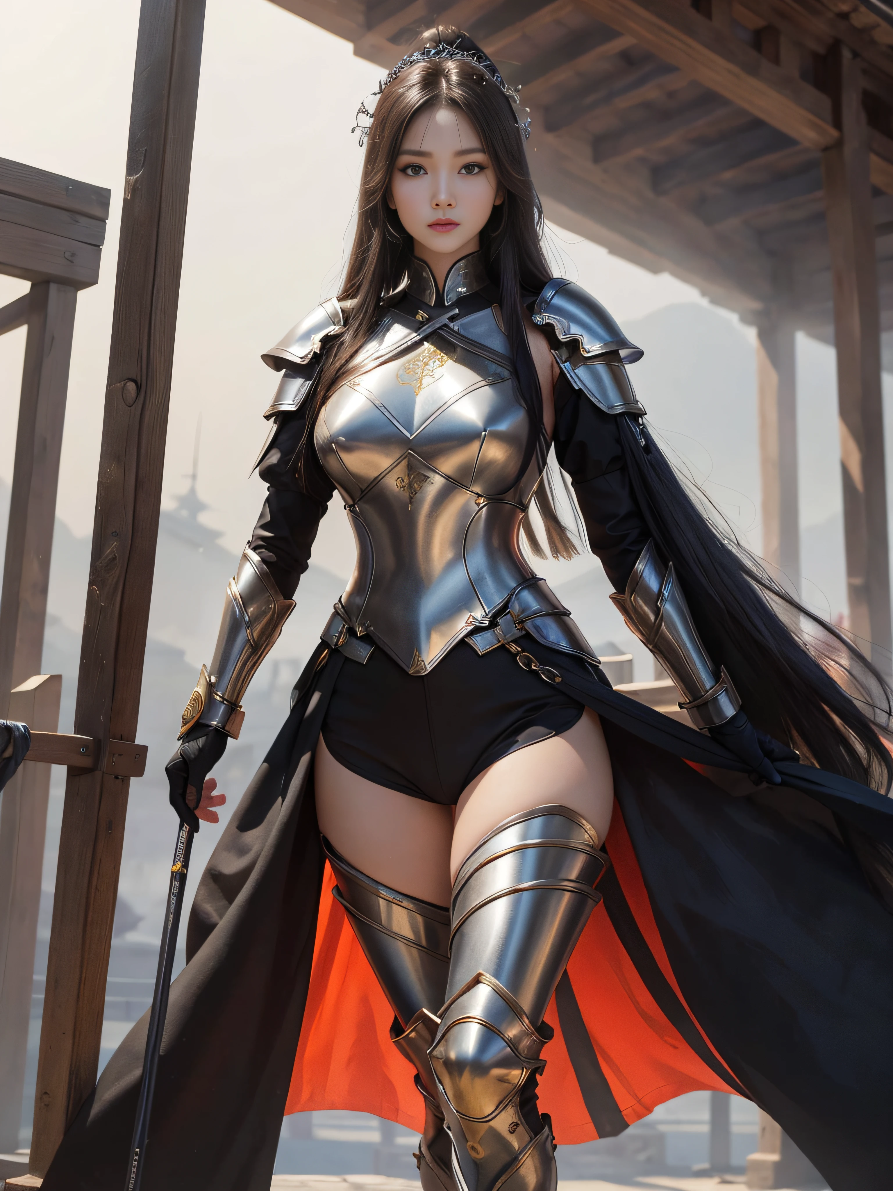 tmasterpiece，A high resolution,Absolutely beautiful，Oriental women，Eastern warriors，a mature female，Fine and detailed eyes and detailed face，Tall and tall，She wears armour，Full package，Full coverage of the armor，Armor pants，Armor boots，Show armor boots，Armails are richly decorated，Bright colors，Shogun， allure：（Tall：1.4），haughty，Mature temperament，（Wide buttock：1.4），（Thick thighs：1.4），Majesty，Rich scene detail，In the midst of the war，are standing，action