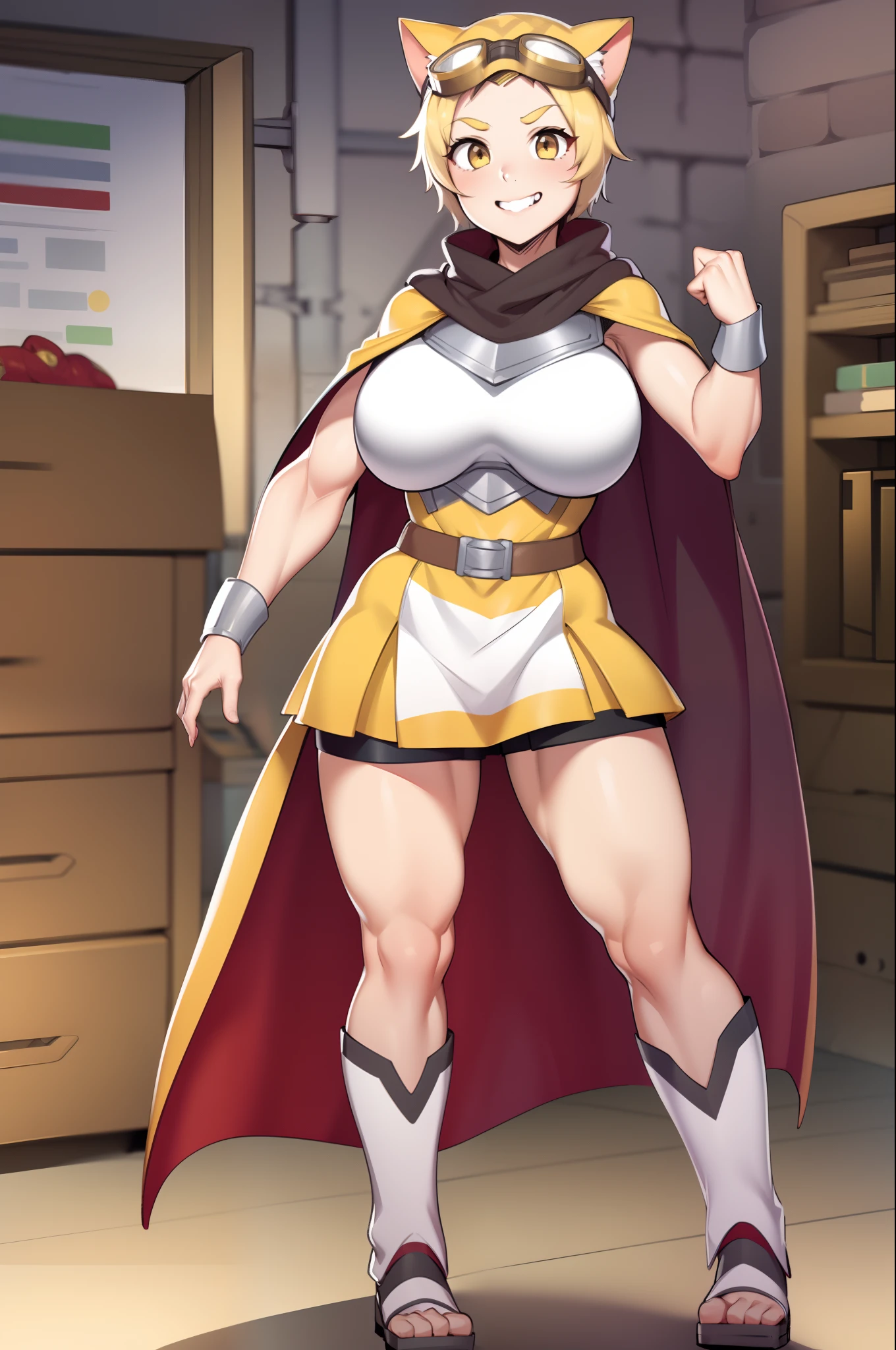 1girl, iron breastplate, short sleeves, white dress skirt, red cape, black leggings, cat ear hat, goggles, blond hair, short hair, yellow belt, tail growing teru, young girl, cute smile, high quality,huge breast, curvy, flipflops, full body