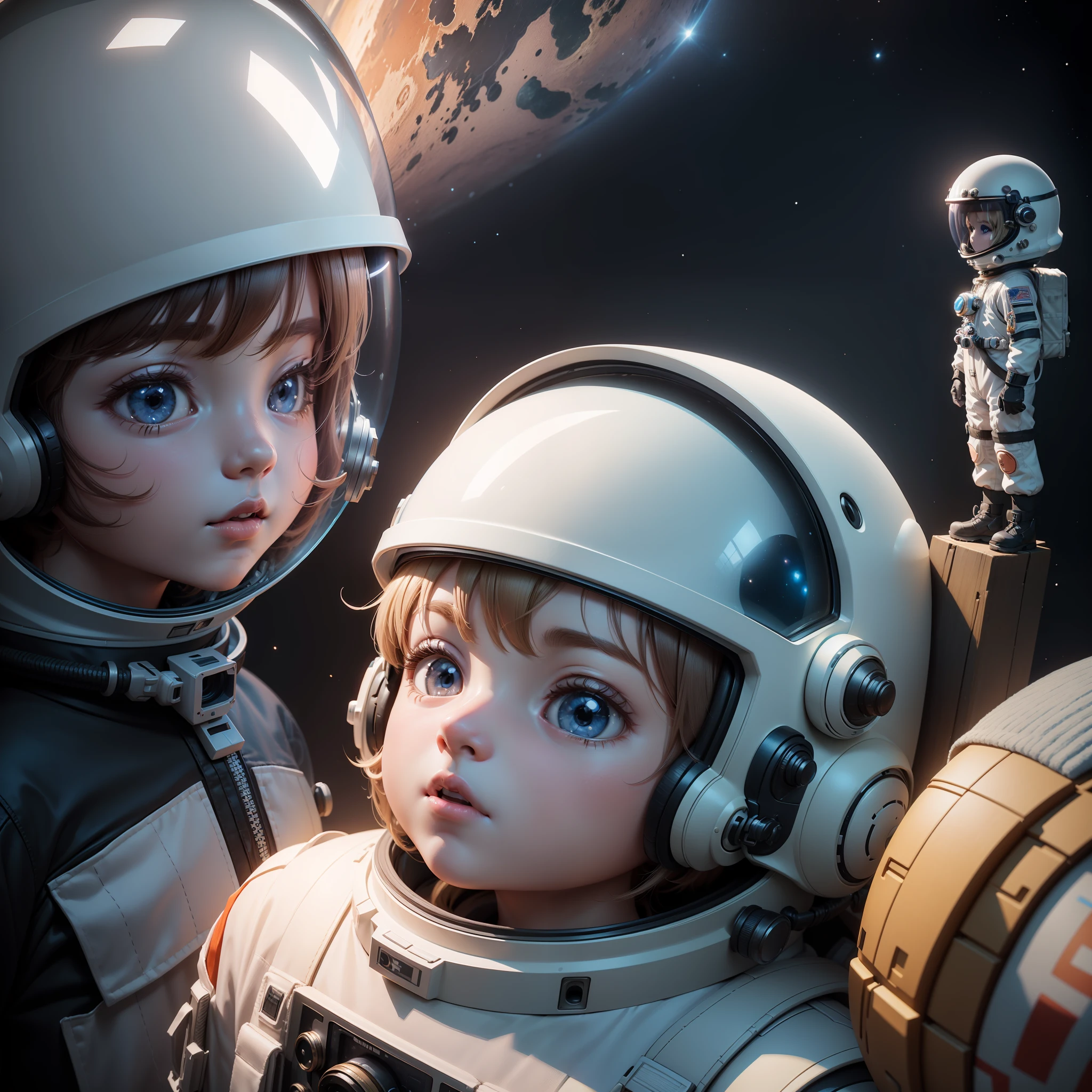 There is a helmet and a small doll with a helmet, Beautiful 3D rendering, little astronaut looking up, portrait anime space cadet boy, Cute 3D anime boy rendering, cute detailed digital art, Mini Cute Boy Male Explorer, Stylized 3D rendering, 3D rendered 8K character art, Cute Digital Painting, 3D Anime Style, super detailed render, Planetary background