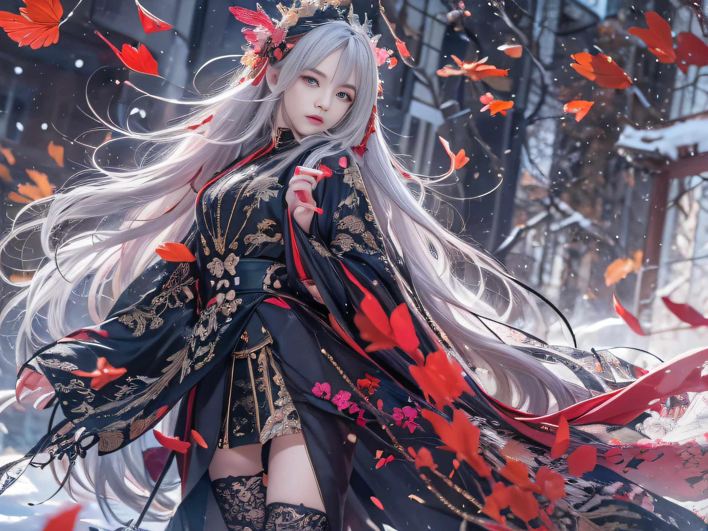 32K(tmasterpiece,k hd,hyper HD,32K)Long flowing black hair,Rockery,zydink, a color, Xuzhou people (Seduce girls), (Red scarf in the snow), jumping posture, long whitr hair, Floating hair, Carp pattern headdress, Chinese long-sleeved silver battle robe, (Abstract gouache splash:1.2), Pink petal background,Tulips flying(realisticlying:1.4),Black color hair,Fallen leaves flutter,The background is pure, A high resolution, the detail, RAW photogr, Sharp Re, Nikon D850 Film Stock Photo by Jefferies Lee 4 Kodak Portra 400 Camera F1.6 shots, Rich colors, ultra-realistic vivid textures, Dramatic lighting, Unreal Engine Art Station Trend, cinestir 800,Long flowing black hair,Transparent robe clothing