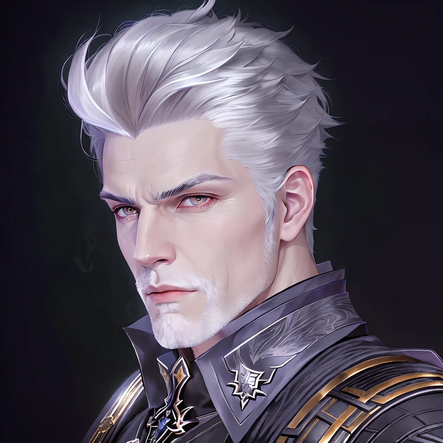 There is a man with white hair and a black jacket, highley detailled face, Vergil, portrait of dragoon, Sharp, high-detail surfaces, lineage 2 revolution style, character close-up, character close-up, extra detailed face, roguish smirk, male character, thancred waters in style of wlop