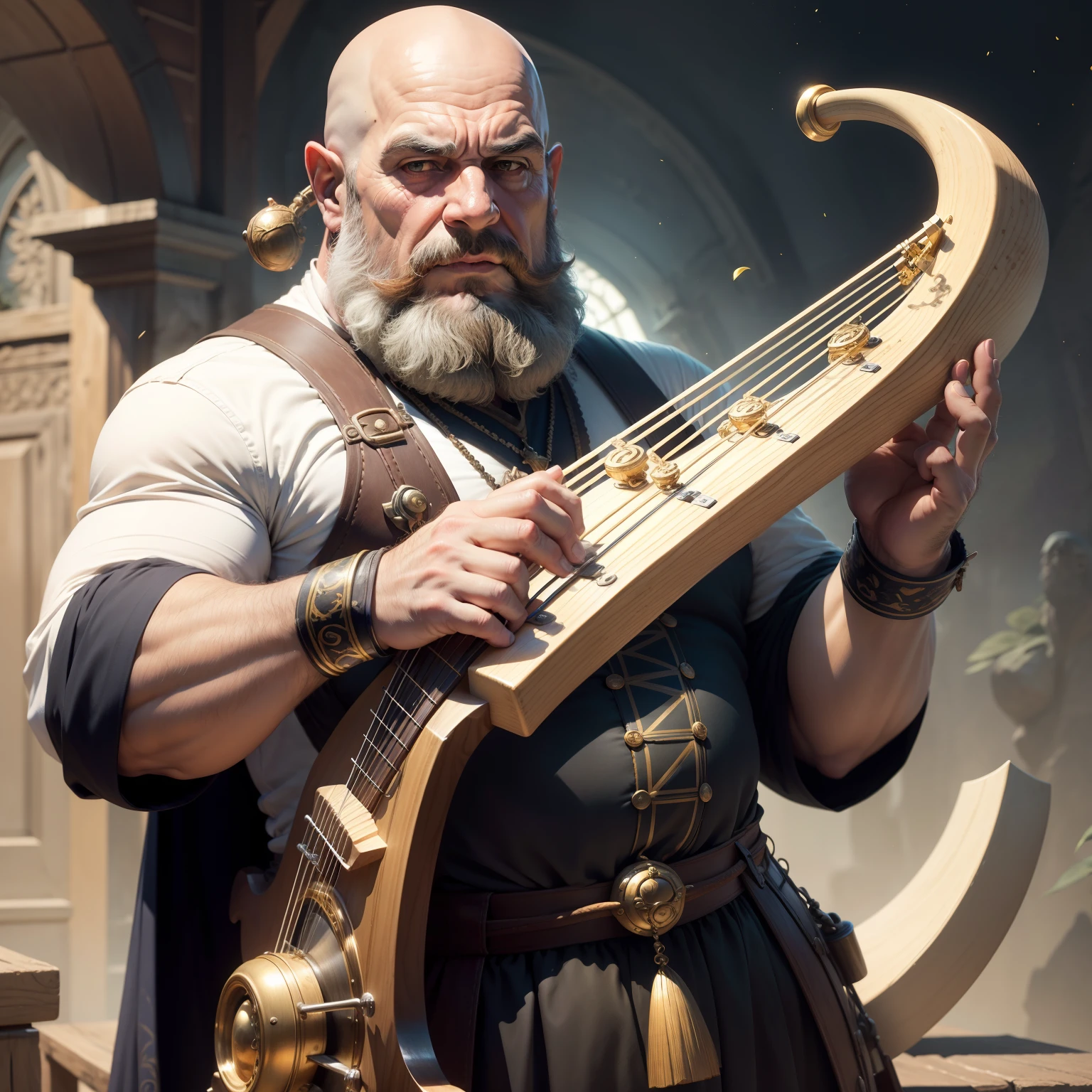 Homem, dwarf, humano, musculoso, definida, sem cabelo, no hair, barbudo, calvo, roupas de nobre feudal, roupas verdes e branco, lira sagrada, Dragoned, bardo, grande barba, Viola, lira, Lira divina, nusica, instrumento musical, ARPA CELESTIAL, ARPA