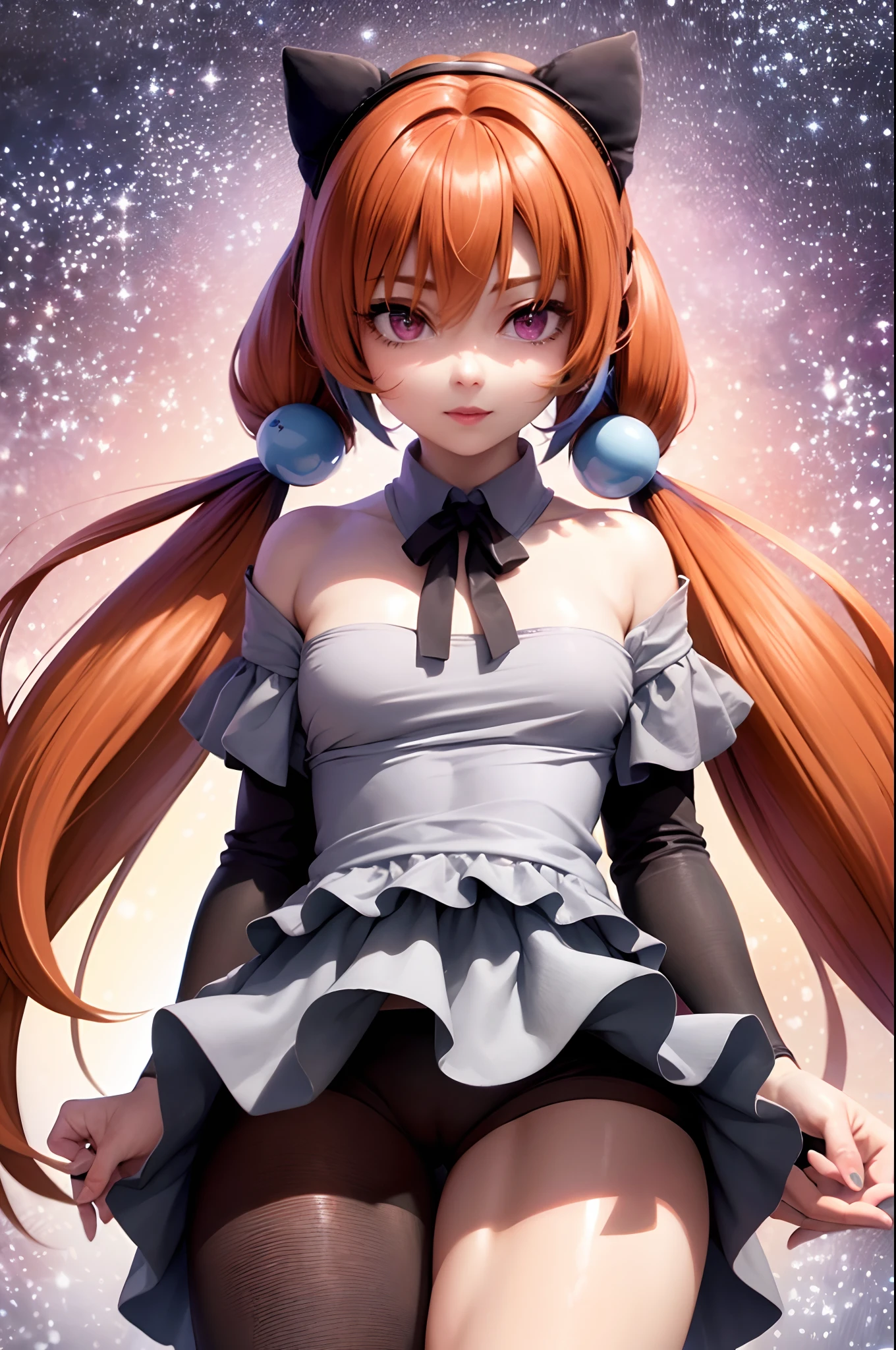 photorealistic, (hyperrealistic:1.2), beautiful, masterpiece, best quality, extremely detailed face, perfect lighting, full body, large breasts, wide hips, thick thighs, detailed eye makeup, detail face, nice detailed eyes, slanted eyes, heavy eye makeup, 1girl, long hair, (low) twin-tails, (Blue ball hair fastening), cute cheeky smile face, simple background, grey background, glossy orange hair, juicy thick thighs, full body, shiny skin, smooth skin, skinny body, (young:1.3), (flat chest:1), perfect anatomy, absurdly long hair, bangs, eyes visible through hair, twintails, brown hair, shiny hair, snowflakesdetailed cute anime face, no facial features, clear eyes, closed_mouth, flat chestbest quality, purple eyes, white skin, headband, extremely detailed CG unity 8k wallpaper, ultra detailed, extremely kawaii, LOOK AT THE VIEWER