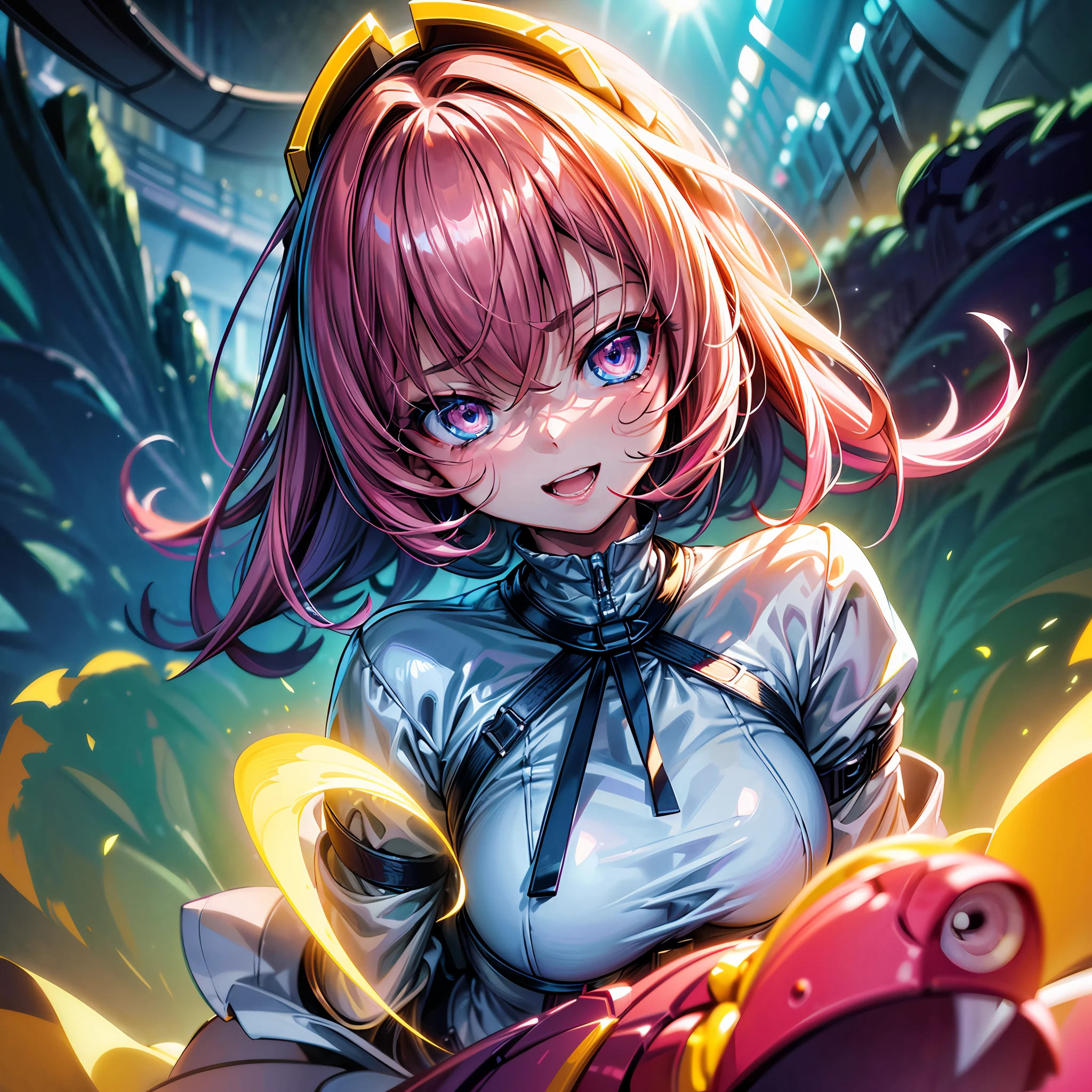 (masterpiece:1.1), (best quality:1.2), (artwork:1.1) of (cyber female, virtual reality, flirty, smiling wide, open mouth, pink, yellow, light yellow, azure, big eyes:1), crepuscular rays, (floating short hair, natural skin, modern haircut, pouty lips, portrait), (crisp:1.1), (ultra detailed, ultra detailed cg neon scenic background), centered, colorful, glowing, (depth of field), wavy hair, finely detailed, (edge detection:1), (120mm), beautiful eyes, (intense lighting:1.1), (ultrasharp), fine art, creative, face, bokeh, photographed on a Fujifilm GFX 100S, light caustics
