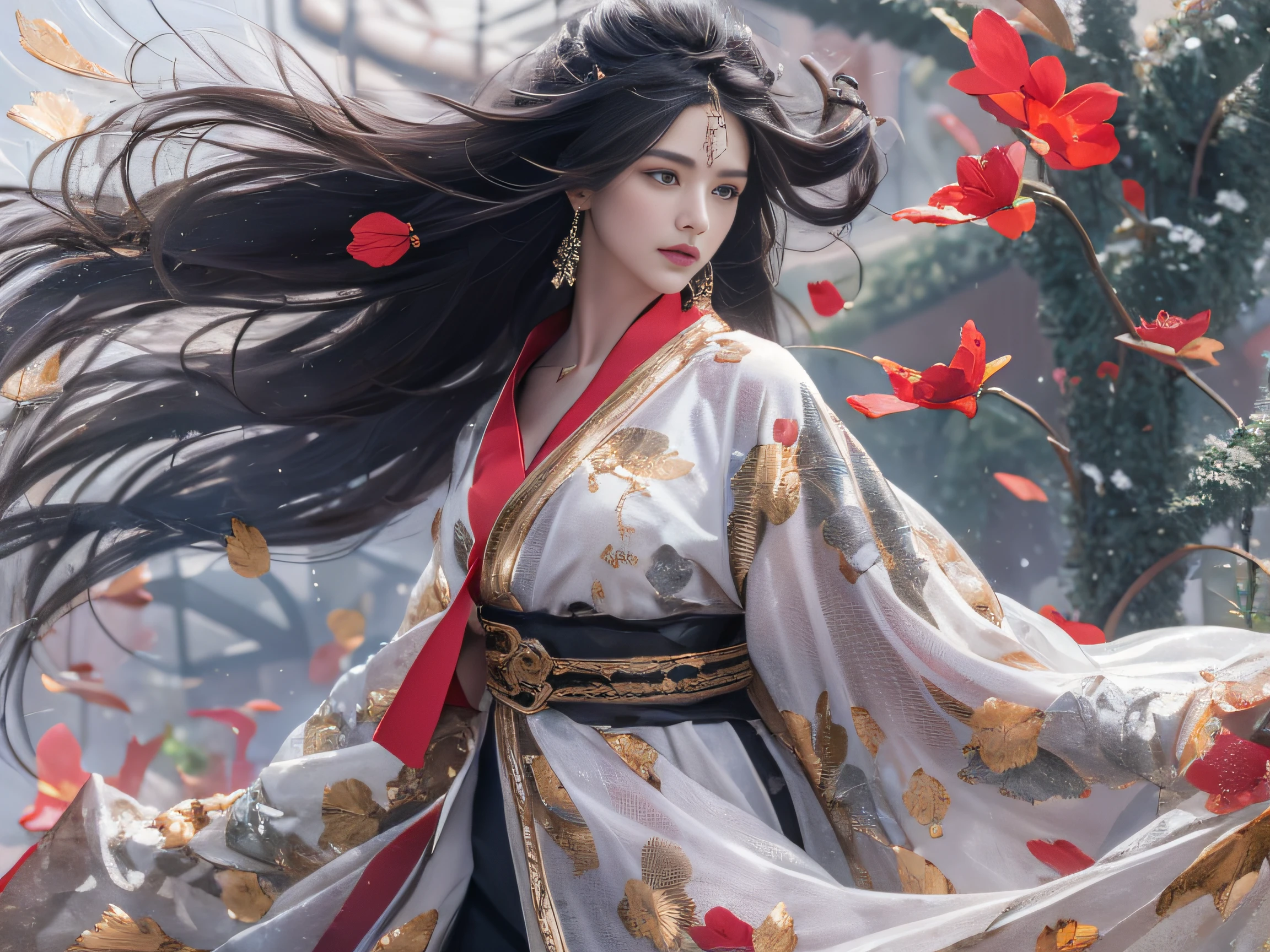 32K（tmasterpiece，k hd，hyper HD，32K）Long flowing black hair，Rockery，zydink， a color，  Xuzhou people （Seduce girls）， （Red scarf in the snow）， jumping posture，  long whitr hair， Floating hair， Carp pattern headdress， Chinese long-sleeved silver battle robe， （Abstract gouache splash：1.2）， Pink petal background，Tulips flying（realisticlying：1.4），Black color hair，Fallen leaves flutter，The background is pure， A high resolution， the detail， RAW photogr， Sharp Re， Nikon D850 Film Stock Photo by Jefferies Lee 4 Kodak Portra 400 Camera F1.6 shots, Rich colors, ultra-realistic vivid textures, Dramatic lighting, Unreal Engine Art Station Trend, cinestir 800，Long flowing black hair，Transparent robe clothing