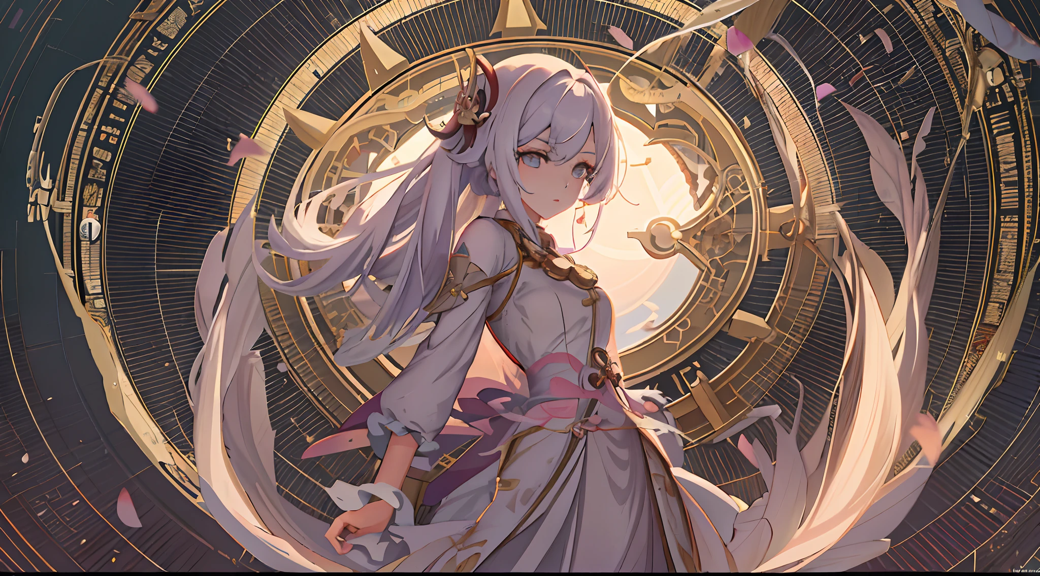 Anime girl in white dress,Long hair and clock, Kushatt Krenz Key Art Women, Ayaka Genshin impact, Detailed key anime art, Detailed anime artwork, Detailed digital anime art, Keqing from Genshin Impact, Best anime 4k konachan wallpaper, detailed anime art, Genshin, high detailed official artwork, Anime fantasy artwork
