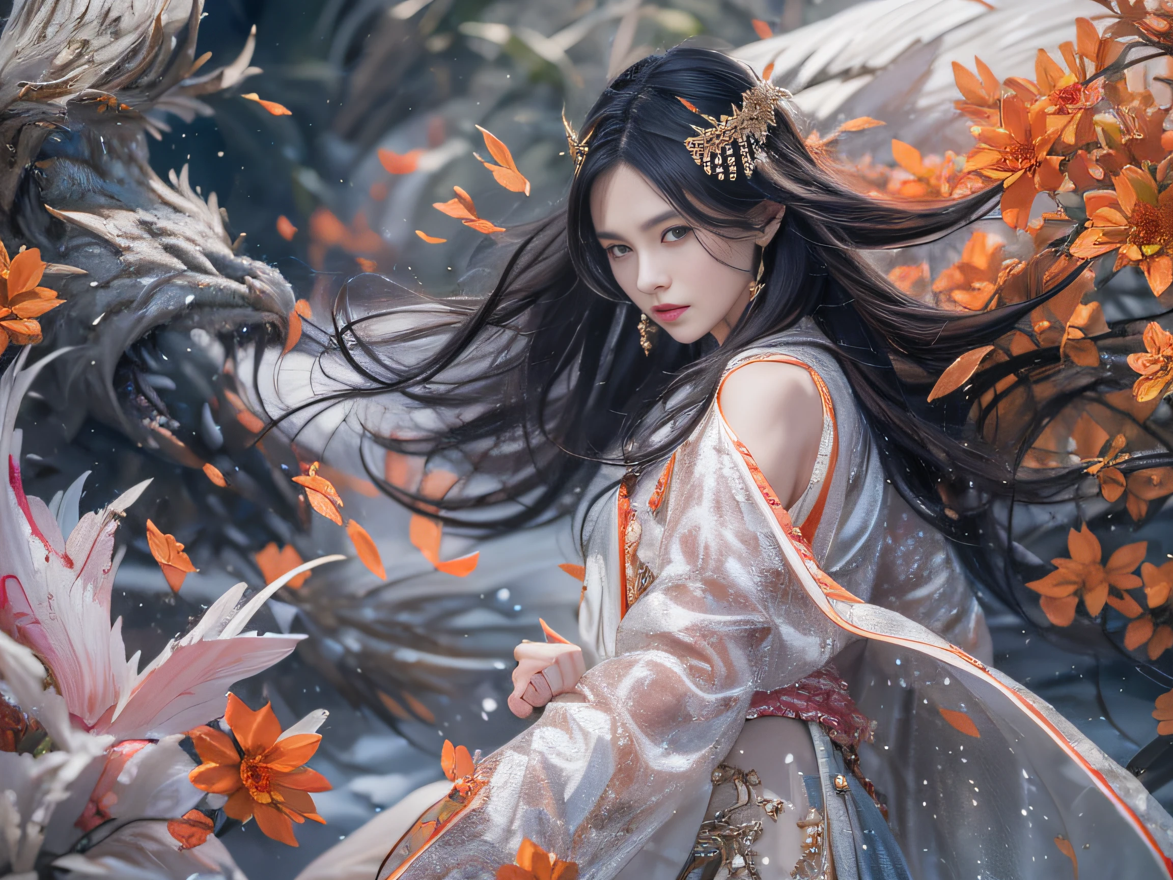 32K(tmasterpiece,k hd,hyper HD,32K)Long flowing black hair,Rockery,zydink, a color, Xuzhou people (Seduce girls), (Red scarf in the snow), jumping posture, long whitr hair, Floating hair, Carp pattern headdress, Chinese long-sleeved silver battle robe, (Abstract gouache splash:1.2), Pink petal background,Tulips flying(realisticlying:1.4),Black color hair,Fallen leaves flutter,The background is pure, A high resolution, the detail, RAW photogr, Sharp Re, Nikon D850 Film Stock Photo by Jefferies Lee 4 Kodak Portra 400 Camera F1.6 shots, Rich colors, ultra-realistic vivid textures, Dramatic lighting, Unreal Engine Art Station Trend, cinestir 800,Long flowing black hair,Transparent robe clothing