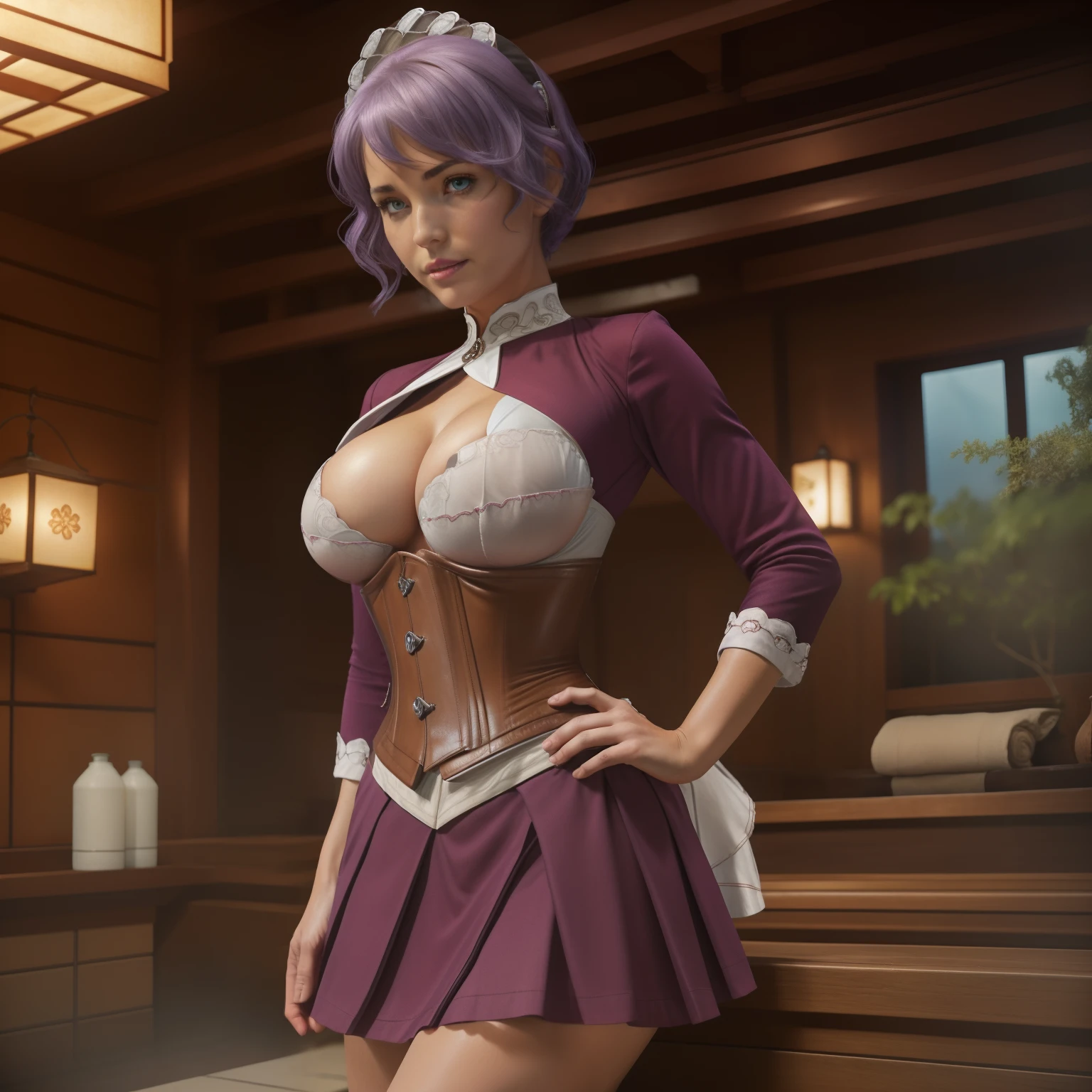 Sharon krueger from cold steel, (super realistic), , ((medium breasts))), ((Slim body)), ((Balanced body)) ,(medium breasts), ((medium boobs)), (medium ass), (((buttocks exposed))), (hair detailed description), (face detailed description), (body detailed description), (fair translucent skin), peerless beauty, (superb beauty), long legs, , ((no panties)), , (red lips), (touching tits), (shyness), shy, ((embarrassed)), sexy shy,, facing the audience, ((inside a huge onsen in the montains)), sitting inside onsen on the montains, open air onsen, reflective water, splashing, (soaked clothes), vaginal spray water, blowing tide, sitting by the pool (legs open), looking forward, facing the audience, camel toe, wet transparent clothes, masterpiece, 8k, model face, , spread leg, water until belly, (inclined forward), transparent clothes, huge cleaverage, becoming naked, no t shirt, underware in t shirt plsce, aureole exposed,Sharon is a young woman with turquoise eyes and lavender hair reaching her neck. wears an elaborate very sexy dark violet maid's outfit with a white apron, leather knee-length boots, and brown leather corset around her torso. Solo, 1girl, only 1 girl, (maid outfit),(maid cloths), youg girl, european, 18 years, teen, younger maid, mini micro skirt, white appron, top model face, extreme beuty, young top model