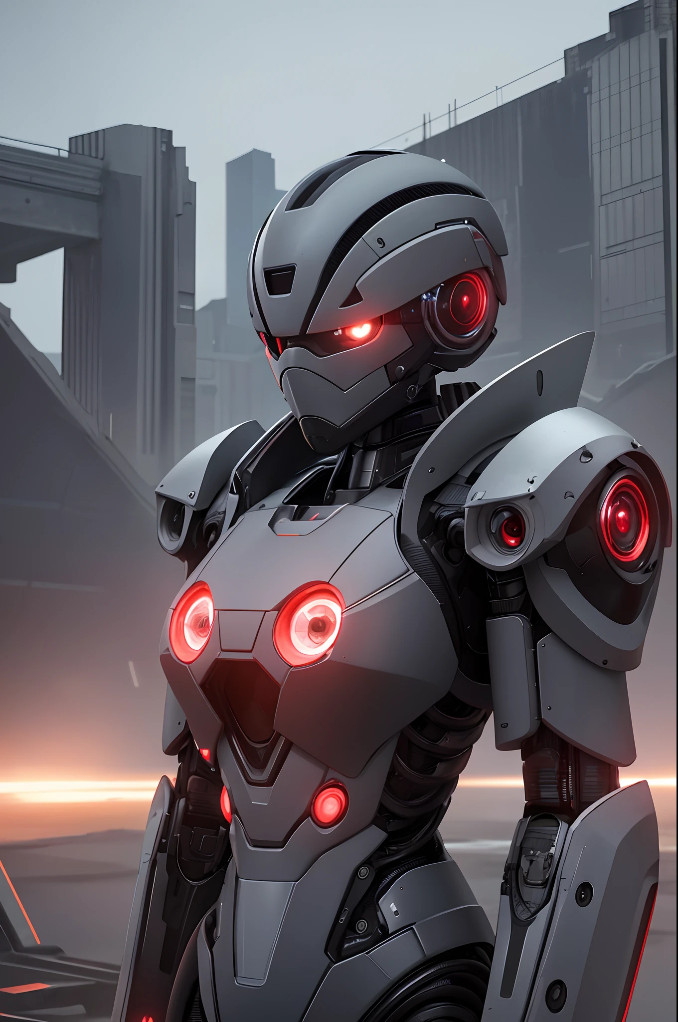 This is a CG Unity 8k wallpaper with ultra-detailed, high-resolution and top quality in cyberpunk style, dominated by black and red. In the picture, a beautiful girl with white messy short hair, a delicate face, wearing a steam mecha mask, standing on the ruins, behind her is a huge robot,