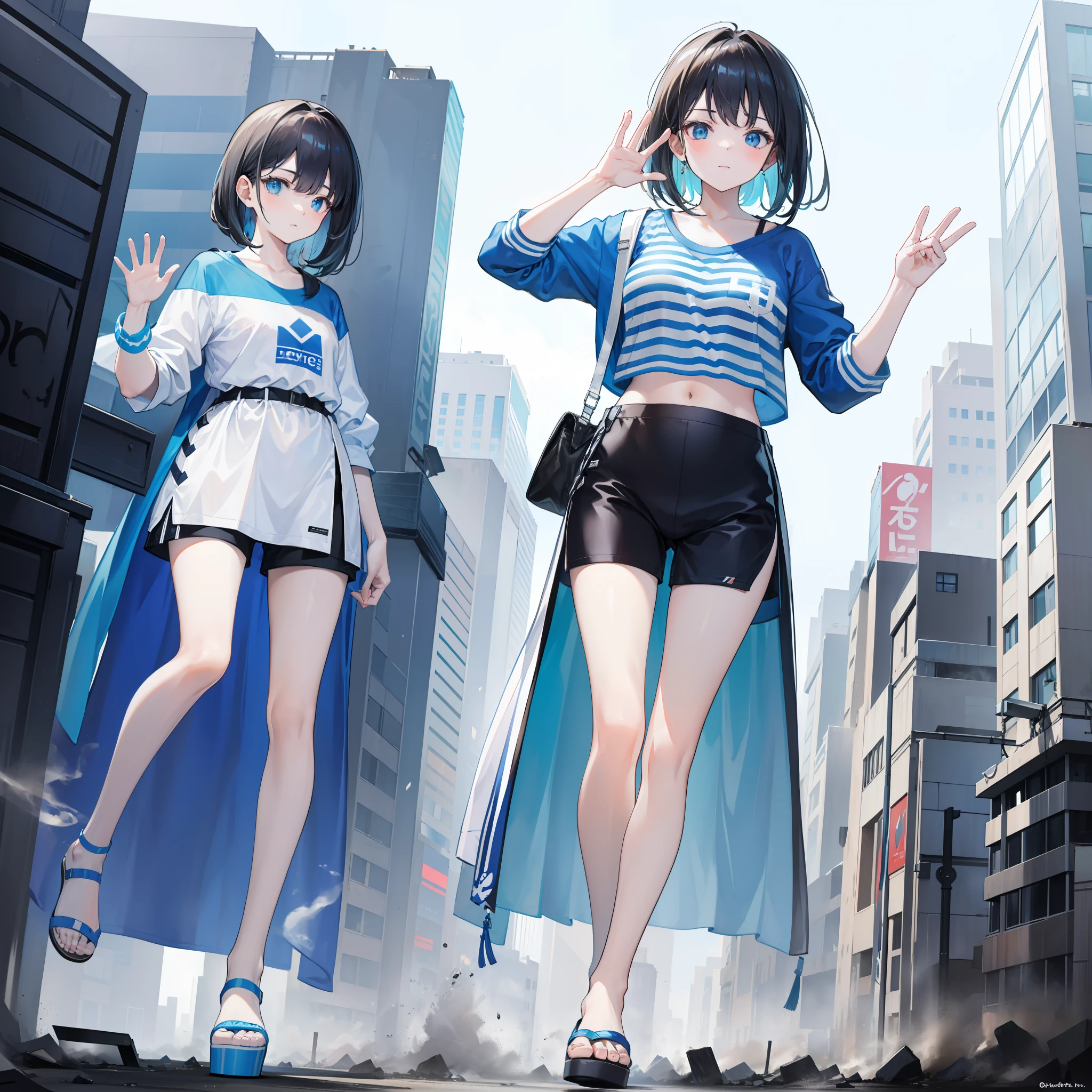 Blue and white horizontal striped half sleeves, Black shorts, White sandals, Standing with Coke in hand,Waving his dark-haired t-shirt half-sleeved half-sleeve